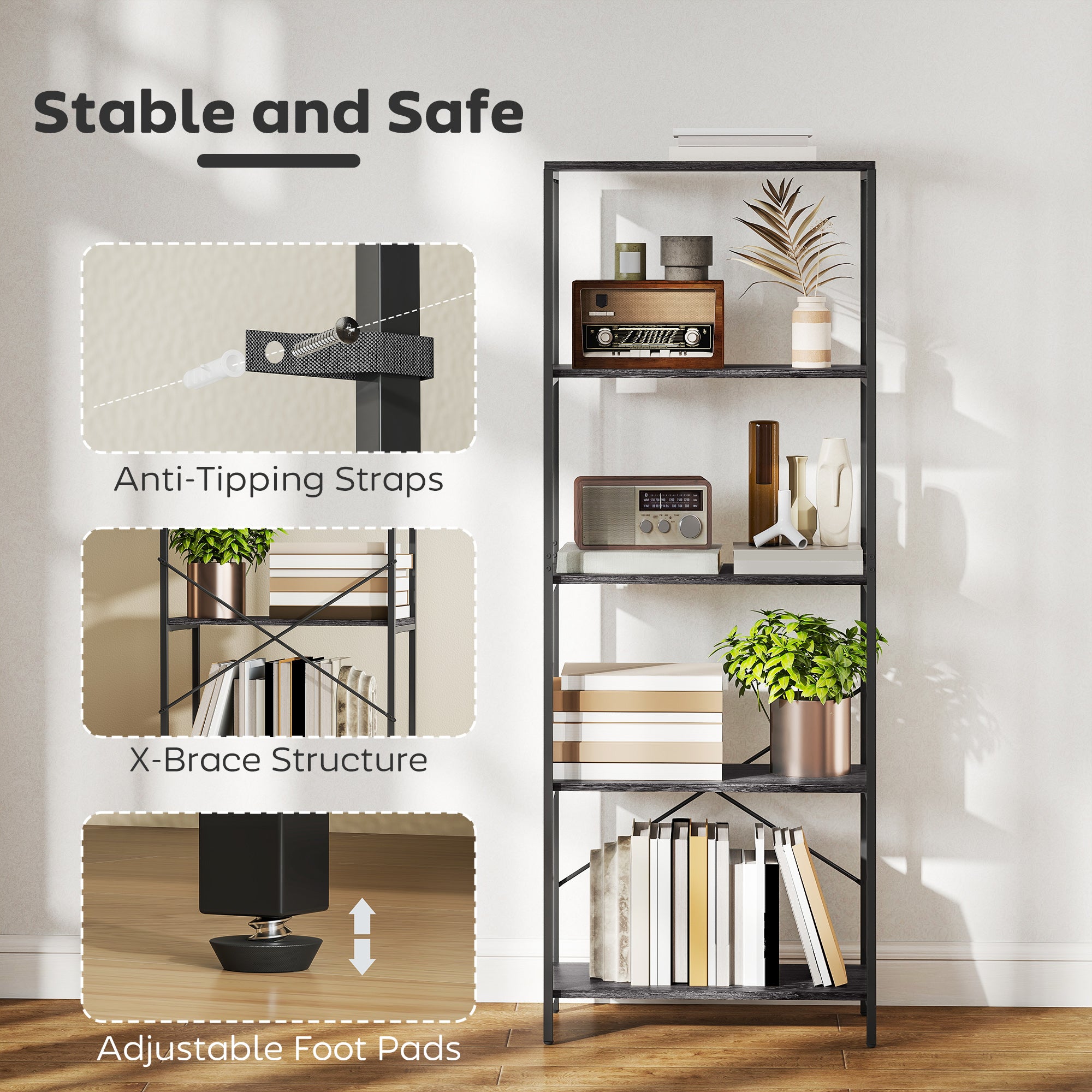 HOMCOM 5-Tier Bookshelf, Industrial Bookcase with Metal Frame - Dark Grey and Black
