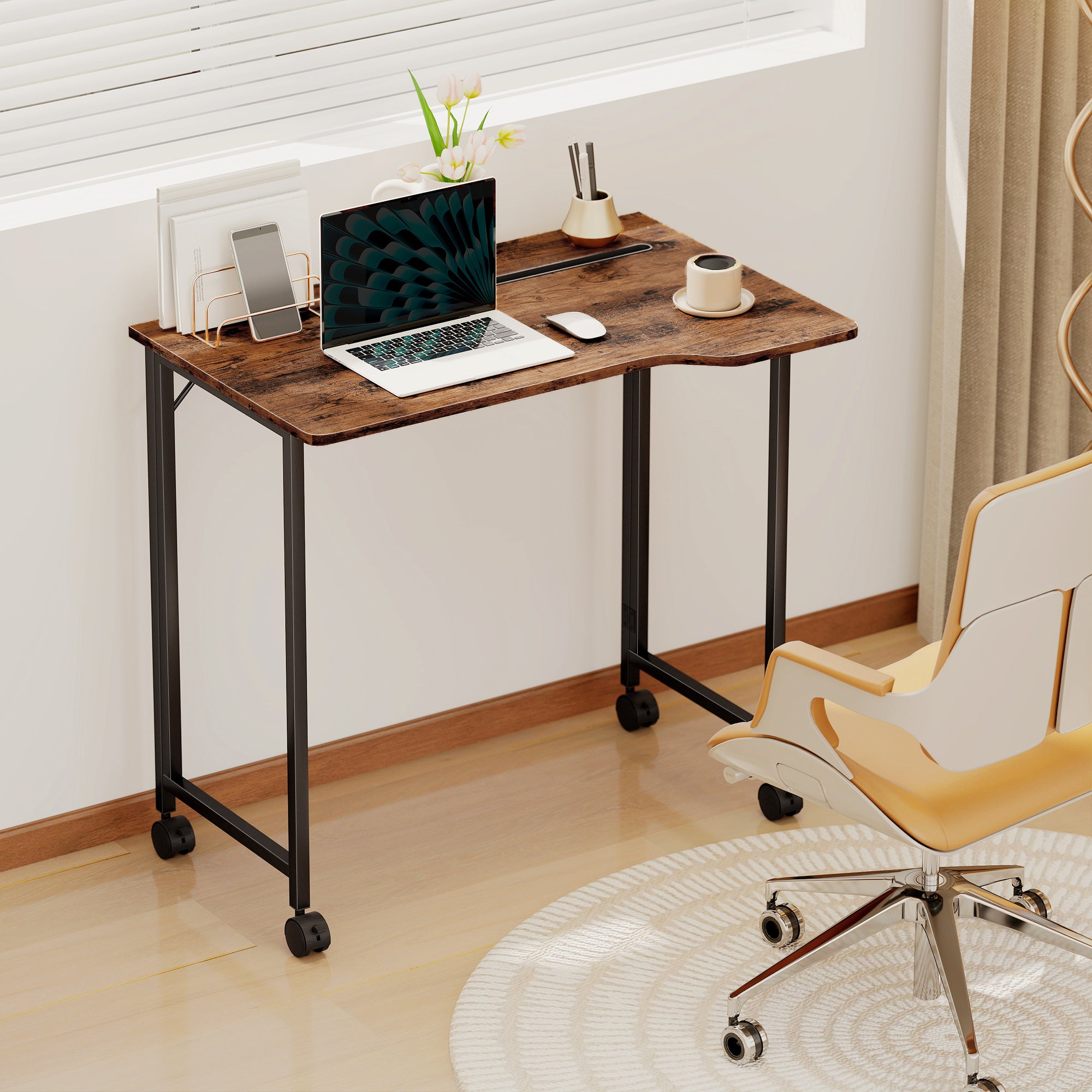 HOMCOM Folding Small Desk on Wheels - Rustic Brown