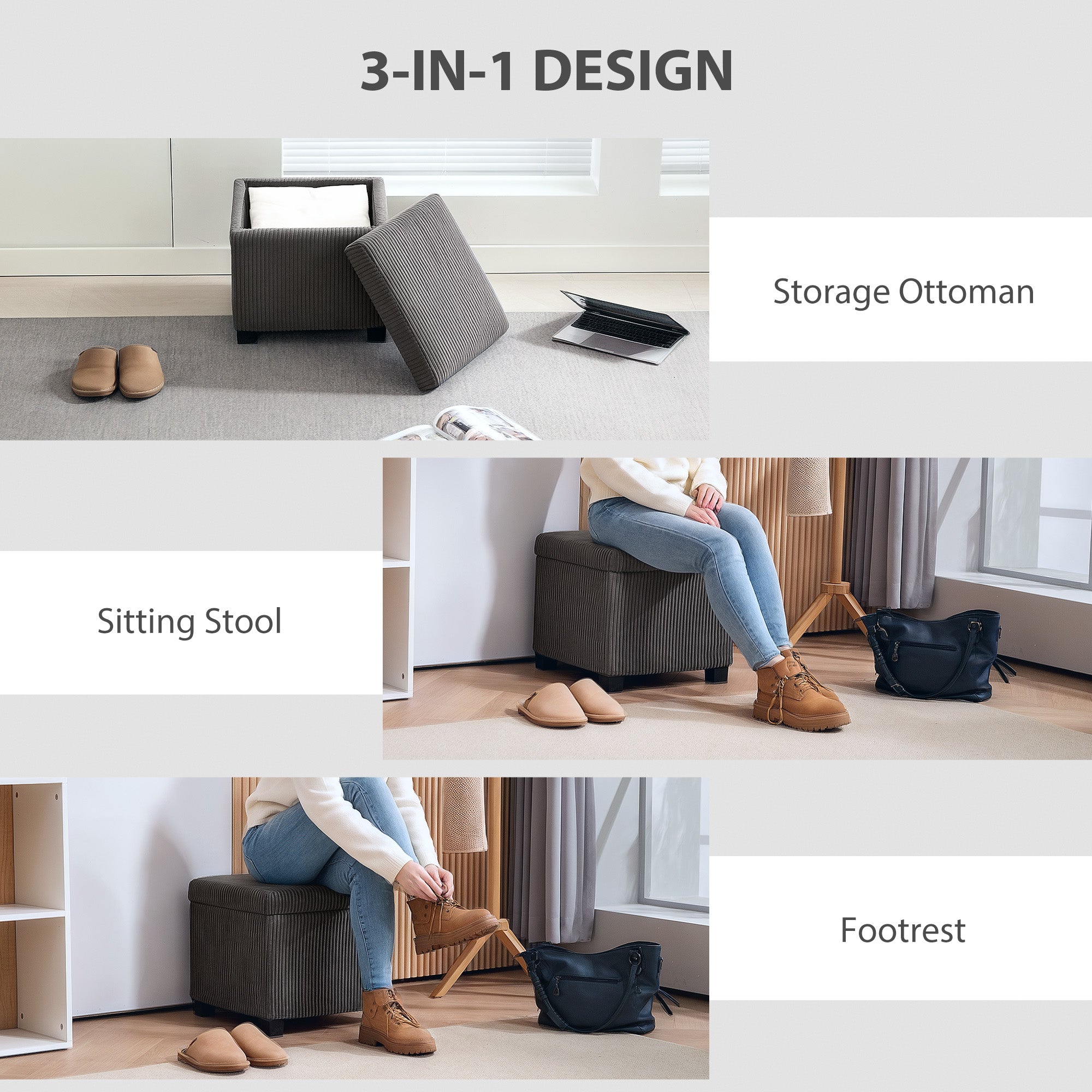 HOMCOM Storage Ottoman Bench, Corduroy Footstool with Removable Lid and Legs, 40cm Storage Chest Box for Living Room, Bedroom, Hallway, Grey - North Peak Garden Furniture