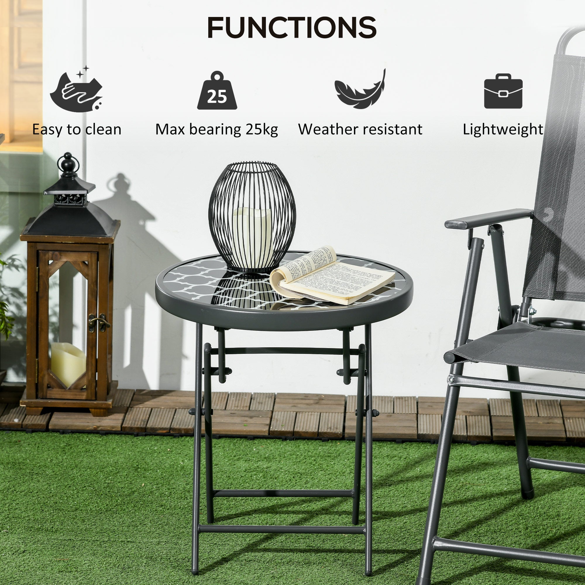 Outsunny Φ45cm Garden Side Table, Outdoor Round Folding Patio Table with Imitation Marble Glass Top, Small Coffee Table, Black and White