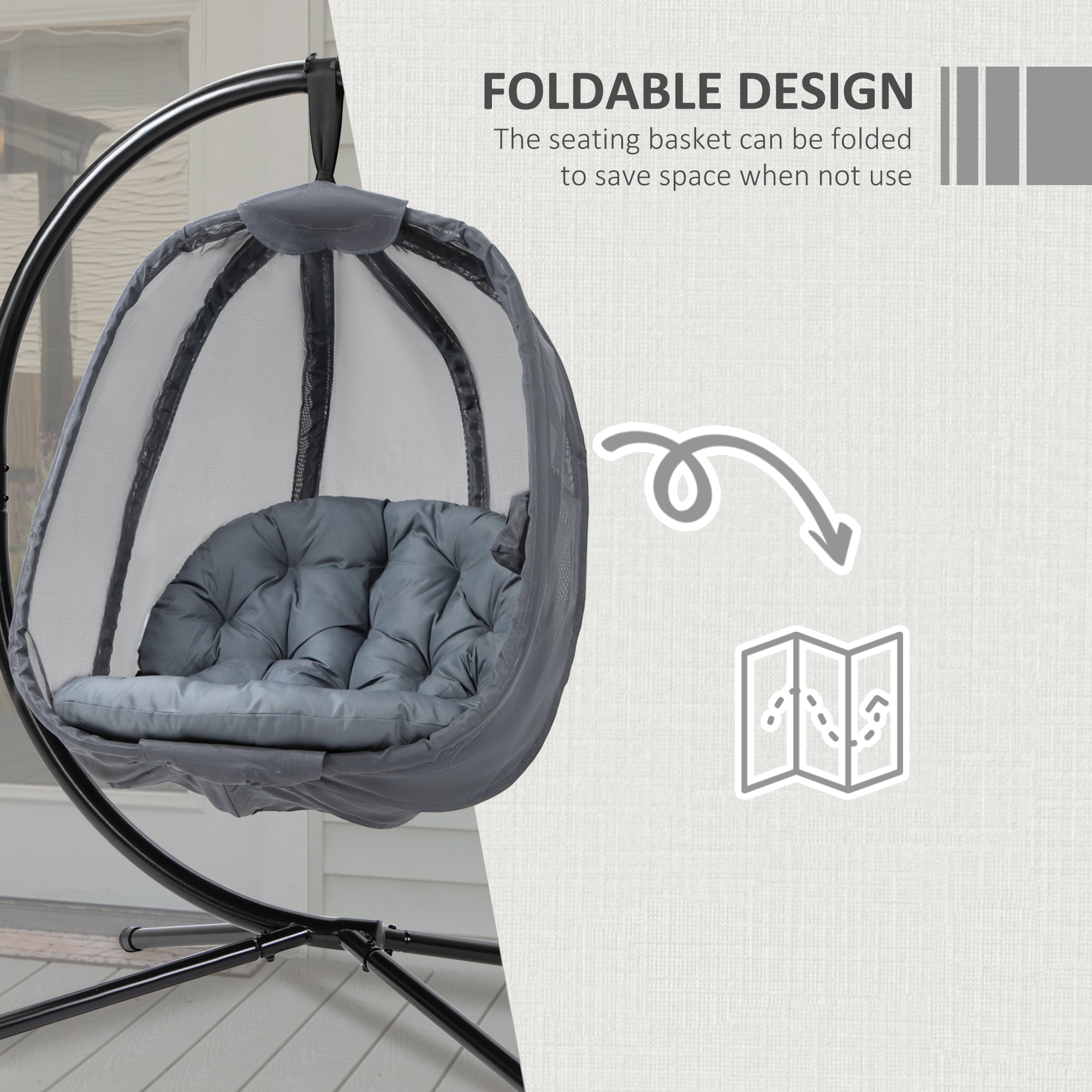 Outsunny Hanging Egg Chair, Folding Texteline Swing Hammock with Side Pocket, Cushion and Stand for Indoor Outdoor, Patio Garden Furniture, Grey - North Peak Garden Furniture