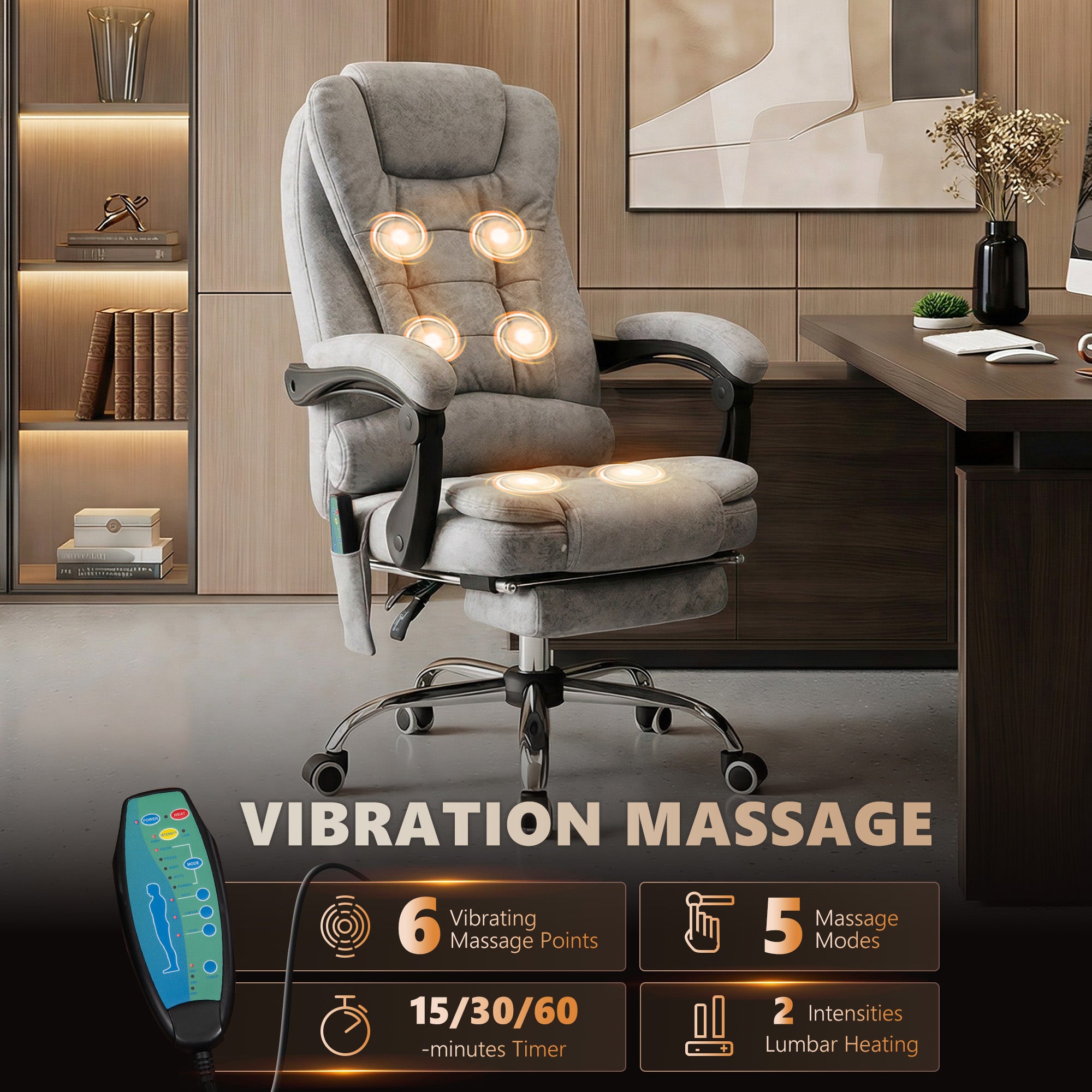 Vinsetto Heated 6 Points Vibration Massage Executive Office Chair Adjustable Swivel Ergonomic High Back Desk Chair Recliner with Footrest Grey