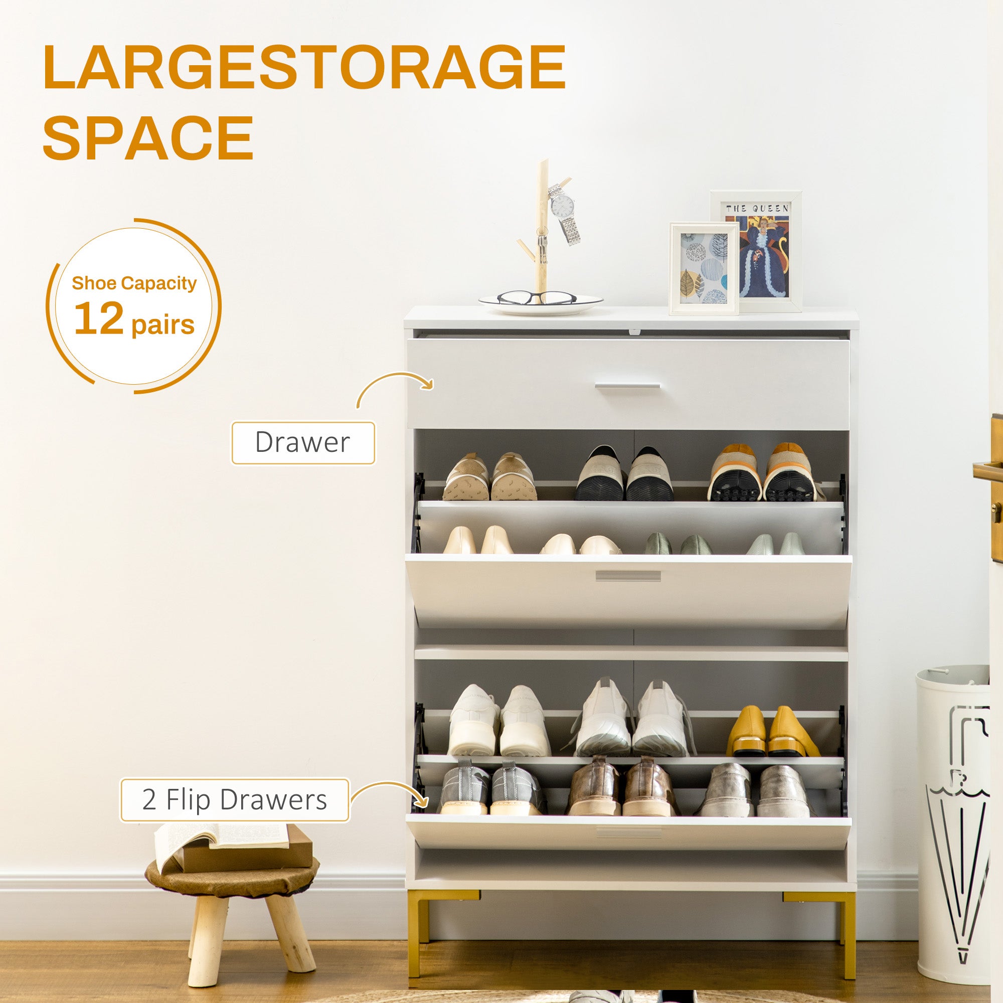 HOMCOM Three Drawer Slim Shoe Storage Cabinet, 12 Shoe Pairs - White