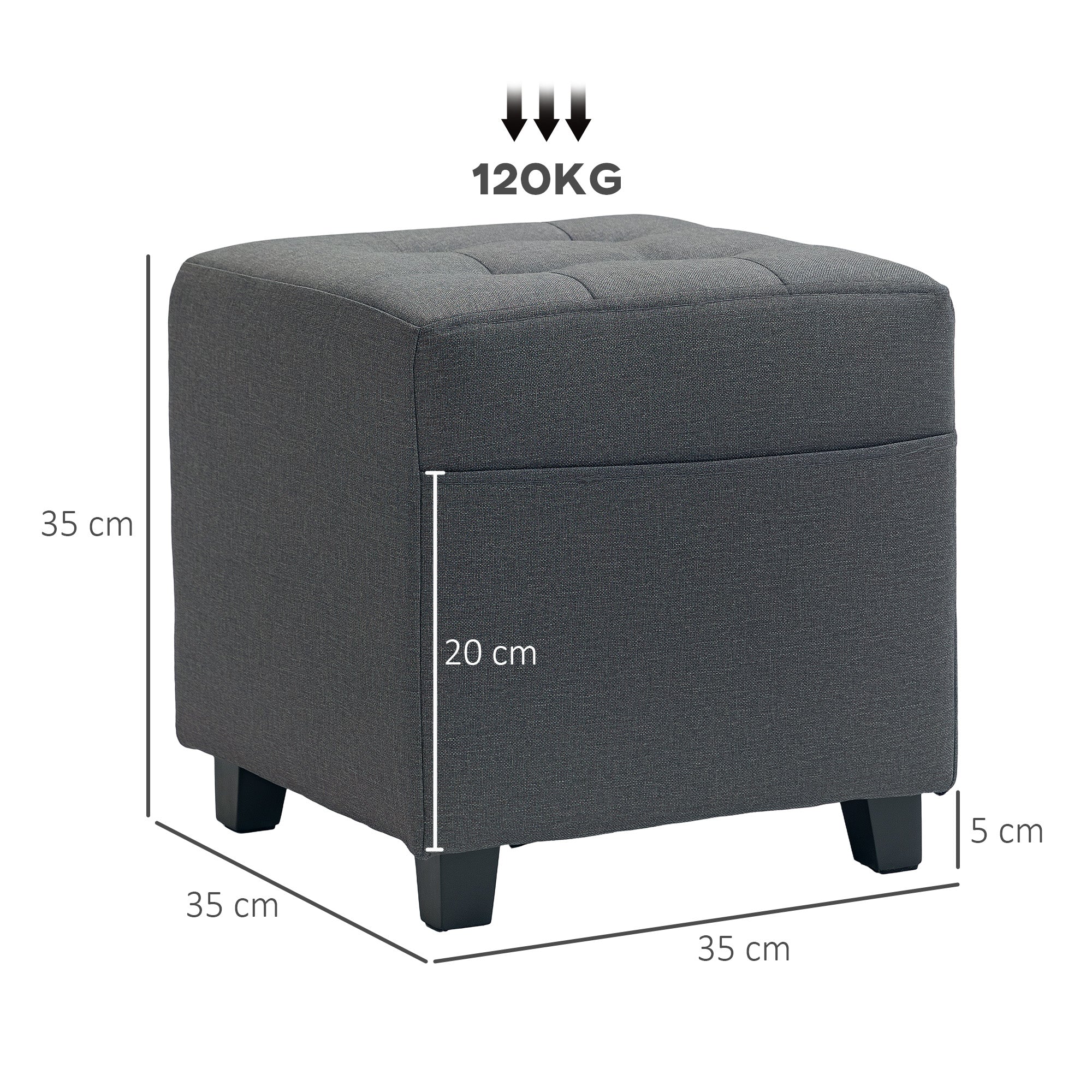 HOMCOM Square Footstool, Small Ottoman with Side Pocket, Linen Fabric Footrest Foot Stool with Rubber Wood Legs and Padded Seat for Living Room, Bedroom, Entryway, 35 x 35 x 35cm, Grey - North Peak Garden Furniture