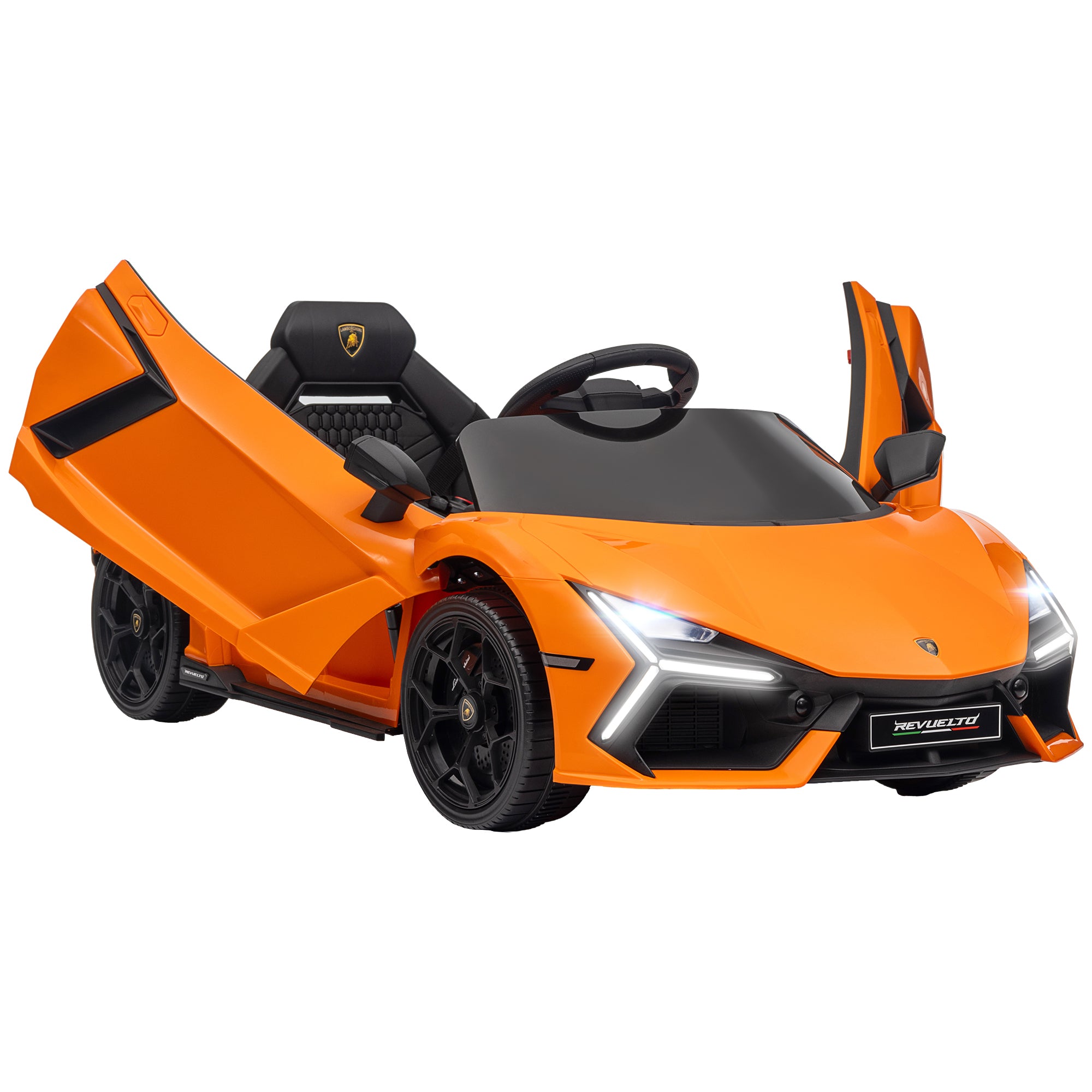 AIYAPLAY Lamborghini Revuelto Licensed 12V Ride on Car w/ Butterfly Doors, Transport Wheels, Suspension, Remote Control, Orange - North Peak Garden Furniture