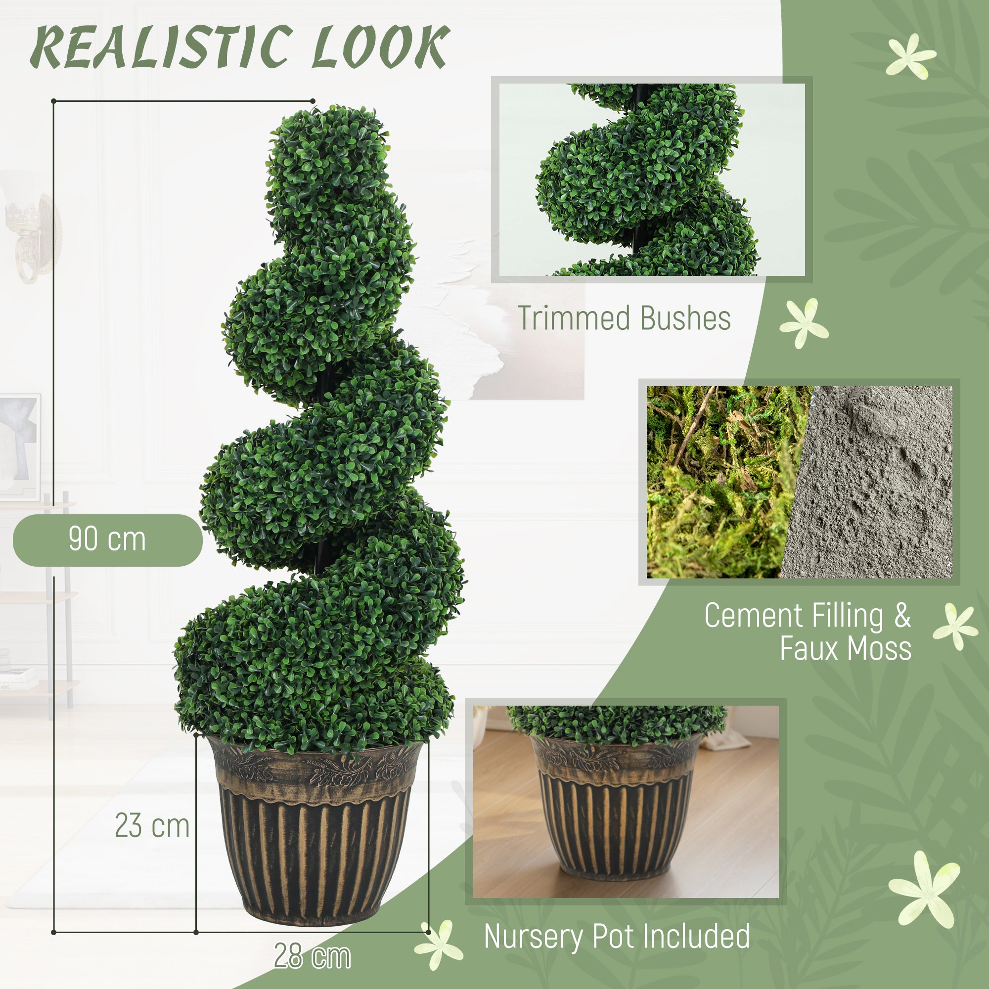 HOMCOM Set of 2 Artificial Plants, Topiary Spiral Boxwood Trees with Pot, for Home Indoor Outdoor Decor, 90cm