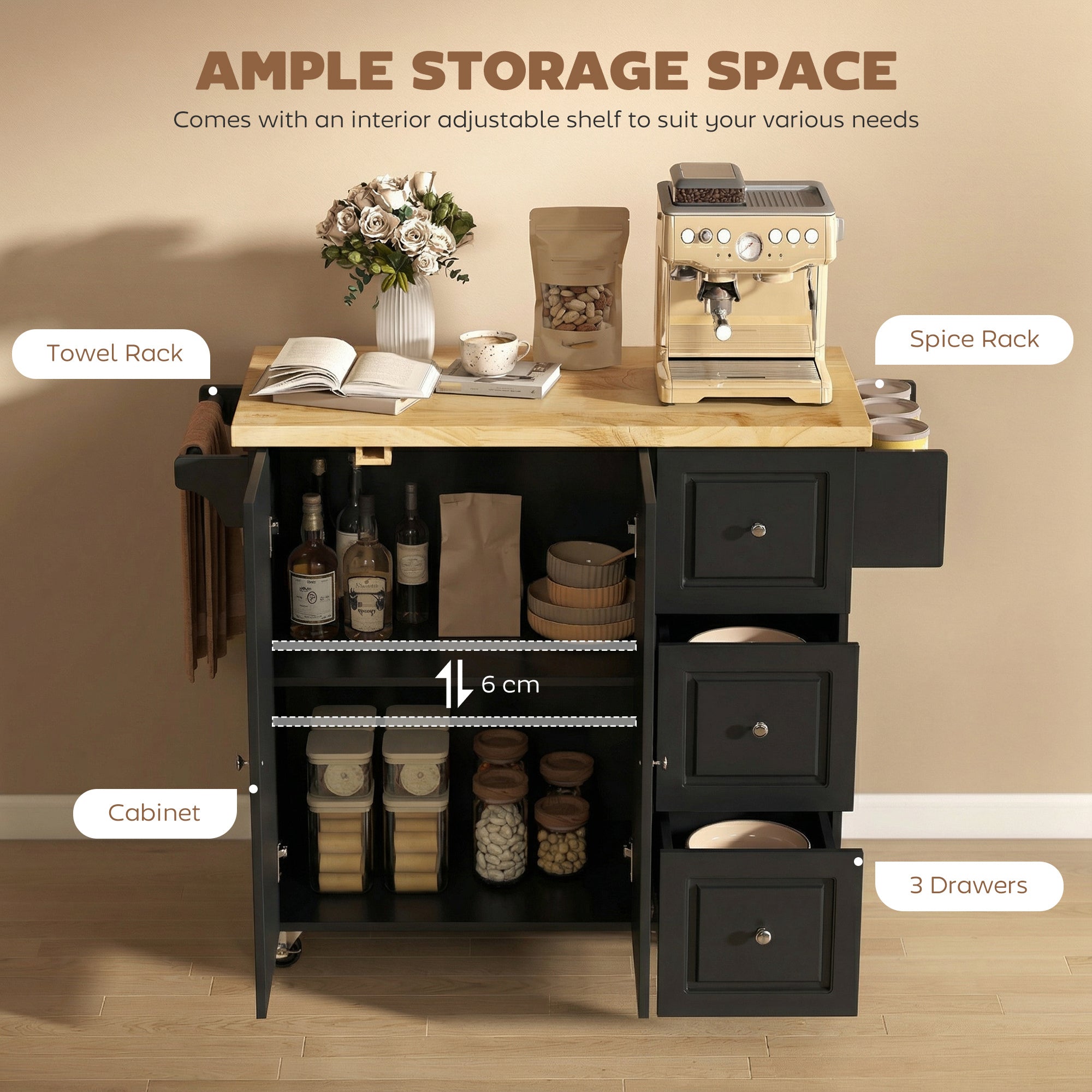 HOMCOM Kitchen Island on Wheels, Rolling Kitchen Storage Trolley with Drop Leaf, Drawers, Towel and Spice Rack, Black