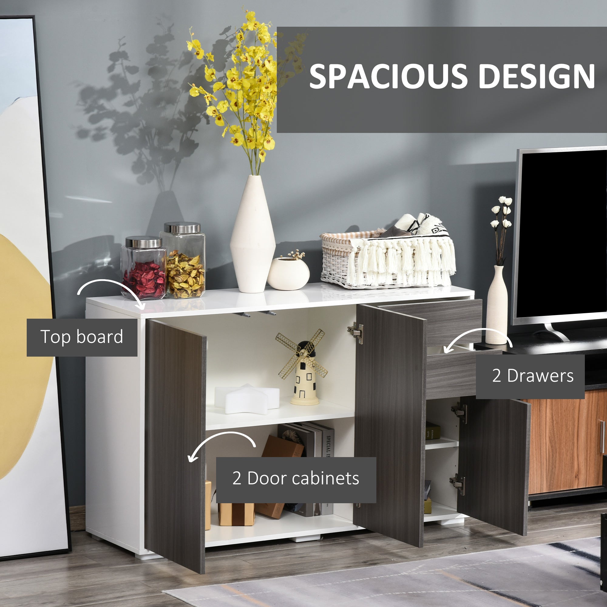 HOMCOM High Gloss Frame Sideboard, Side Cabinet, Push-Open Design with 2 Drawer for Living Room, Bedroom, Light Grey and White - North Peak Garden Furniture