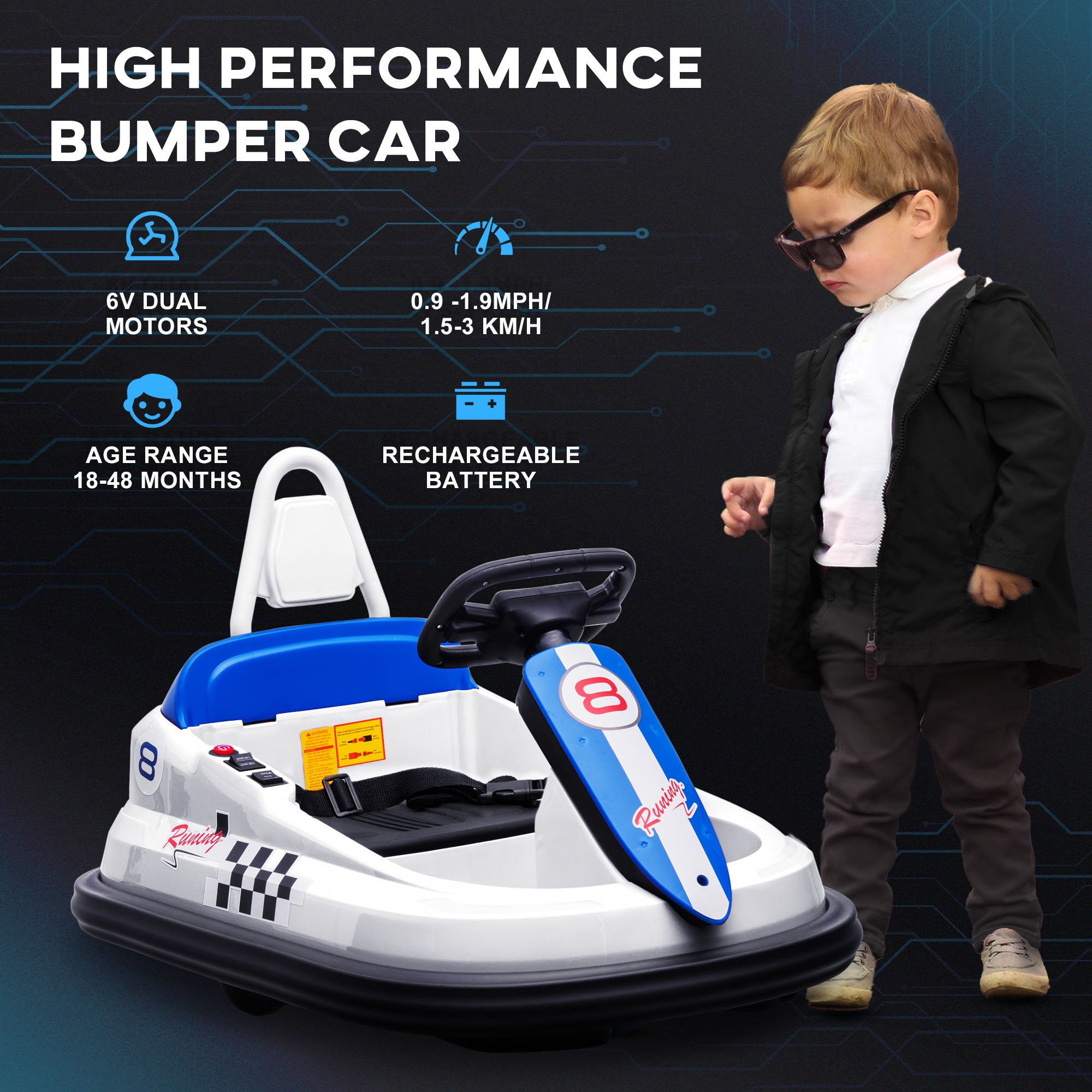 HOMCOM 6V Electric Kids Bumper Car, 6V Spin Waltz Car, with Music, Horn, Lights - White - North Peak Garden Furniture
