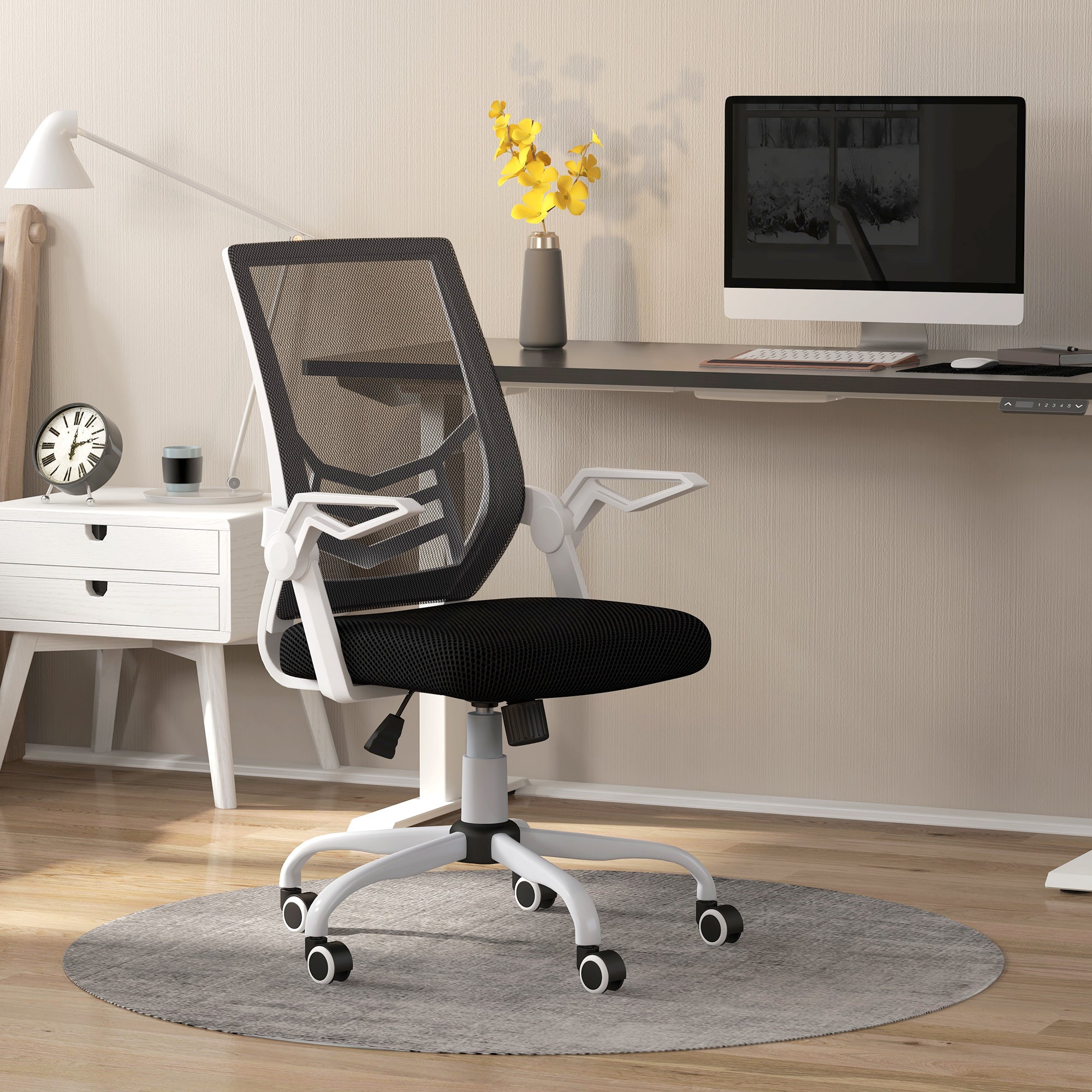Vinsetto Mesh Office Chair, Computer Desk Chair with Flip-up Armrests, Lumbar Back Support and Swivel Wheels, Black - North Peak Garden Furniture