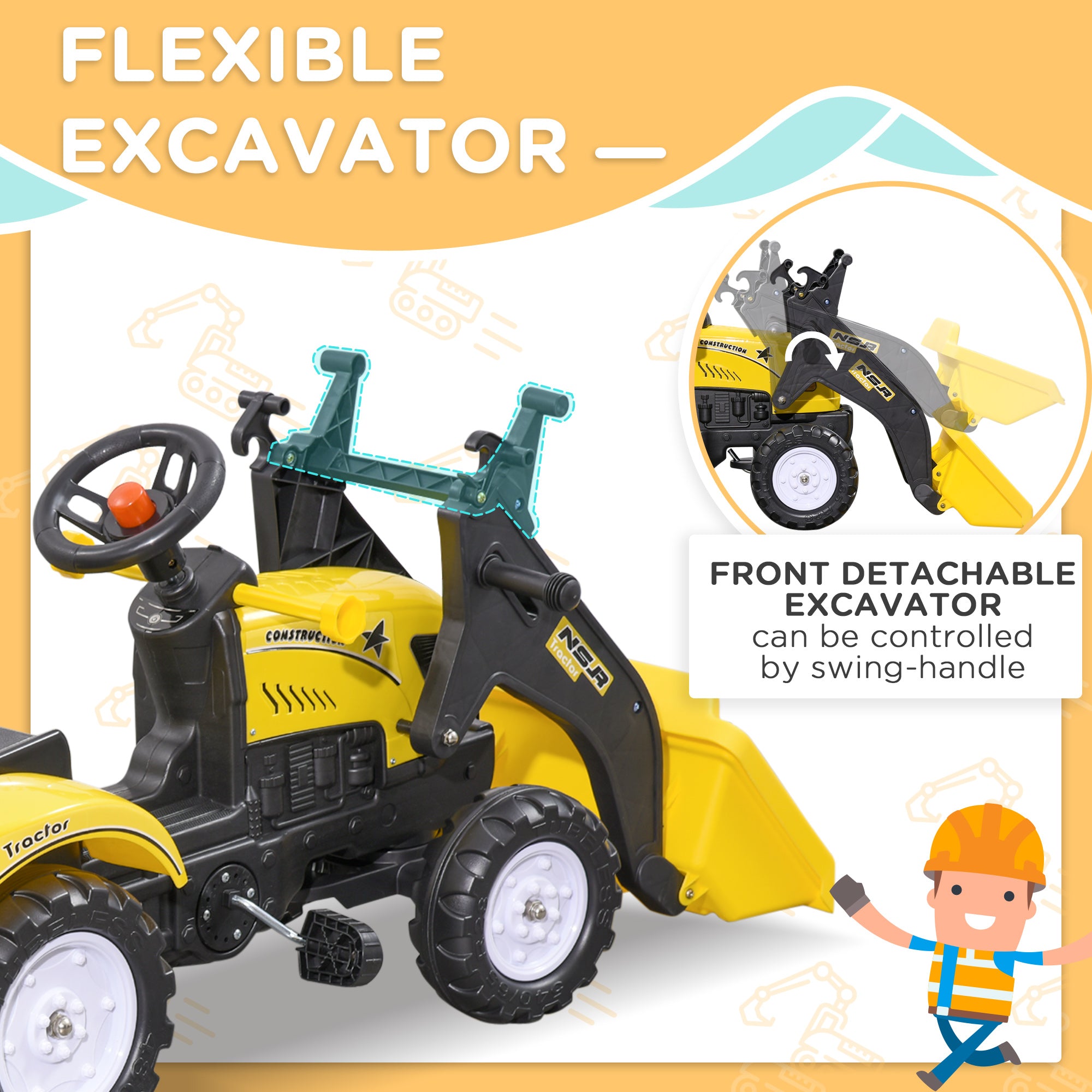 HOMCOM Kids Pedal Go Kart Excavator-Yellow - North Peak Garden Furniture
