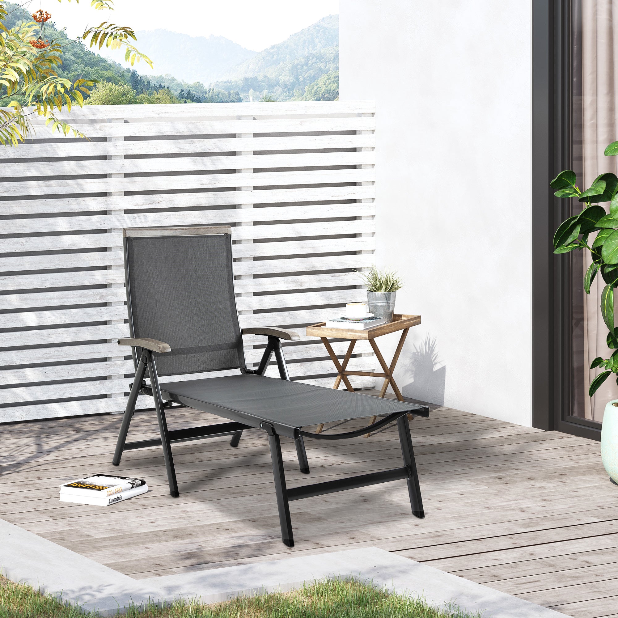 Outsunny Outdoor Folding Sun Lounger, 5-Position Adjustable Chaise Lounge Chair with Aluminium Frame for Patio, Pool and Garden, Grey - North Peak Garden Furniture