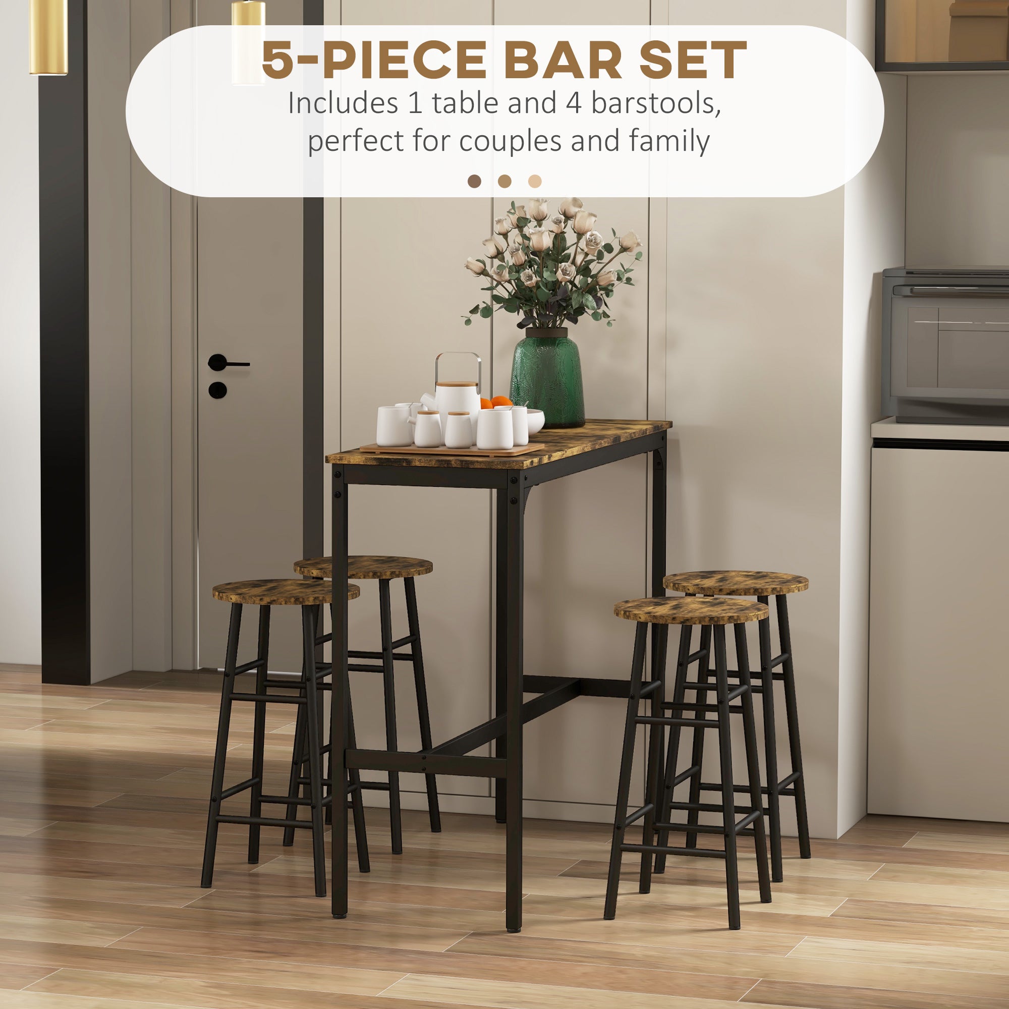 HOMCOM 5 Piece Bar Table Set with 4 Stools, Industrial Bar Table and Stool Set, Dining Table and Chair Set, Rustic Brown - North Peak Garden Furniture