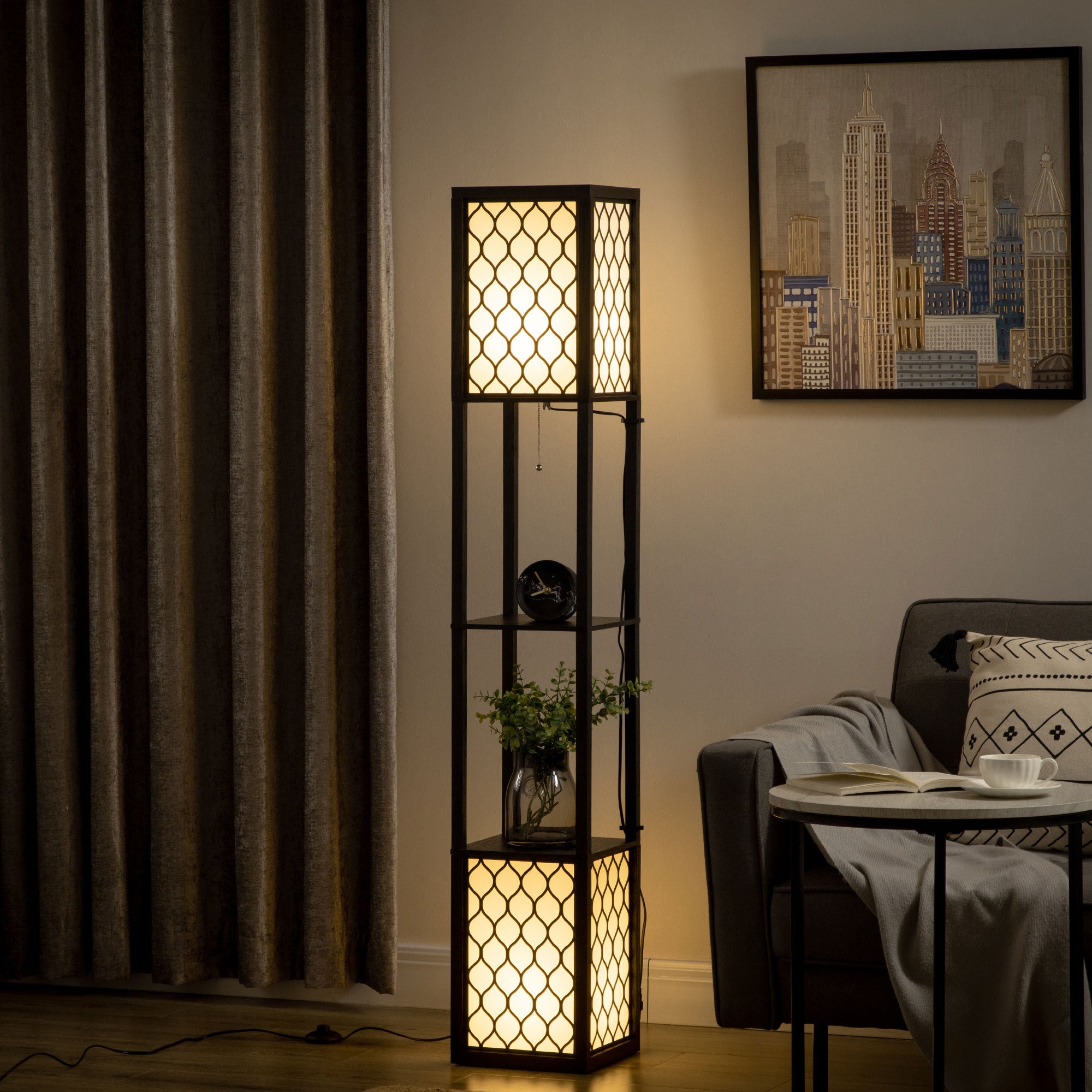 HOMCOM Floor Lamp with Shelves, Dual Light, Modern Tall Standing Lamps for Living Room, Bedroom, with Pull Chain Switch Bulb not Included, Black - North Peak Garden Furniture