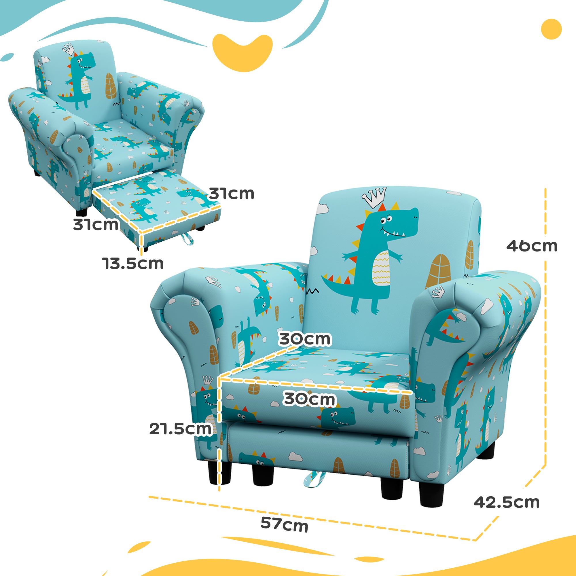 AIYAPLAY 2 Piece Kids Sofa Set with Dinosaur Design, Wooden Frame, for 1.5-3 Years Old, Blue