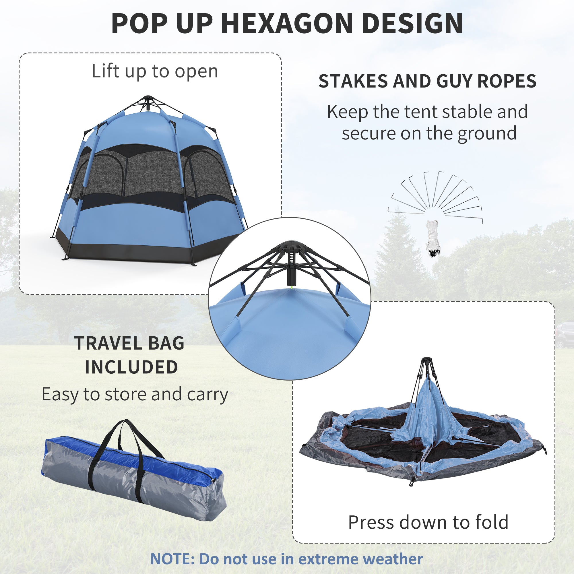 Outsunny Double Layer Dome Tent with Rainfly and Welded Floor, 4 Man Hexagon Pop Up Tent, Portable Camping Shelter with Hang Hook and Carry Bag, for Festival Hiking Family, Blue and Black - North Peak Garden Furniture