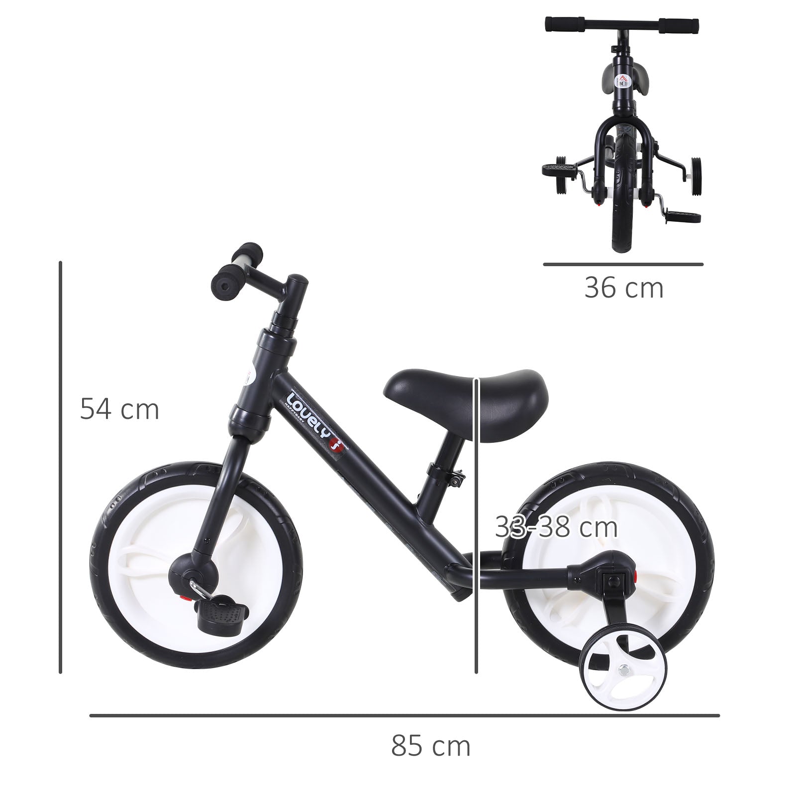 HOMCOM 11 Inch Kids Balance Bike Training Pedal Bicycle W/ Removable Stabilizers EVA Tyres Adjustable Seat Height 2 to 5 Years Gift for Boys Girls Black