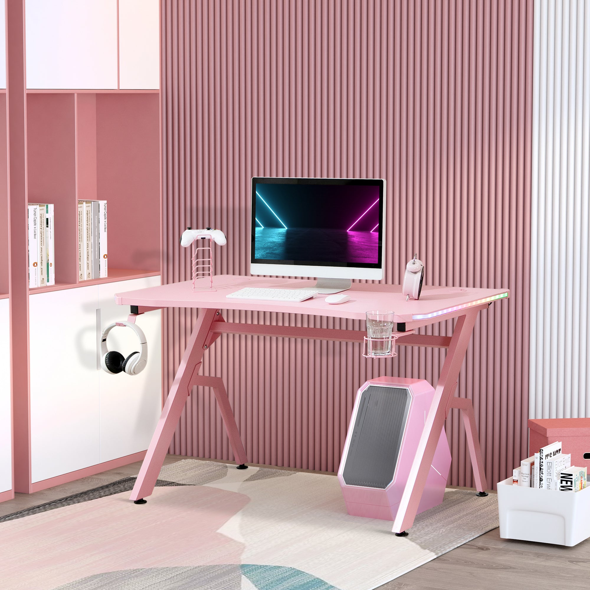 HOMCOM RGB 120 x 66cm Gaming Desk, Computer Table with Carbon Fibre Surface, Headphone Hook, Cup Holder, Controller Rack, Home Office Desk, Pink