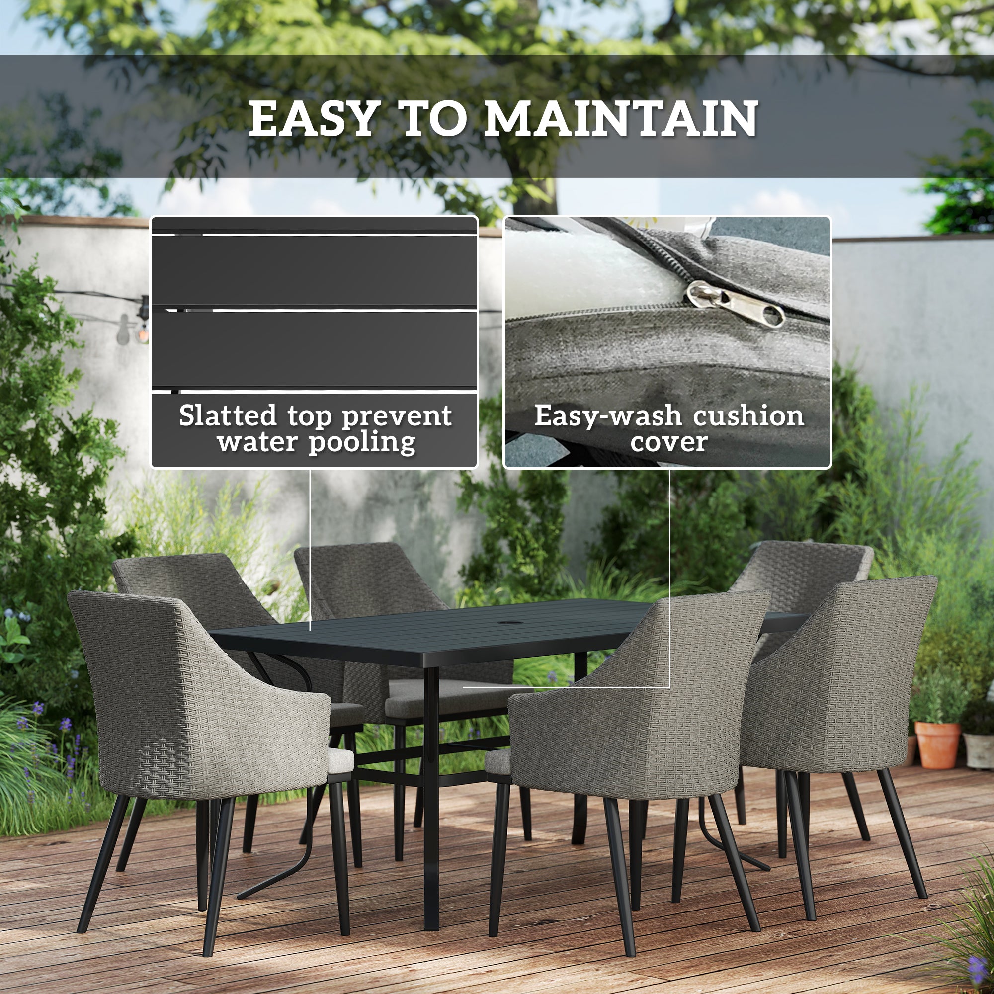 Outsunny 6 Seater Rattan Dining Set with Cushions, Garden Furniture Set with Armchairs, Rectangle Slatted Table Top, Steel Frame, Parasol Hole, Wicker Outdoor Furniture for Patio, Balcony, Grey - North Peak Garden Furniture