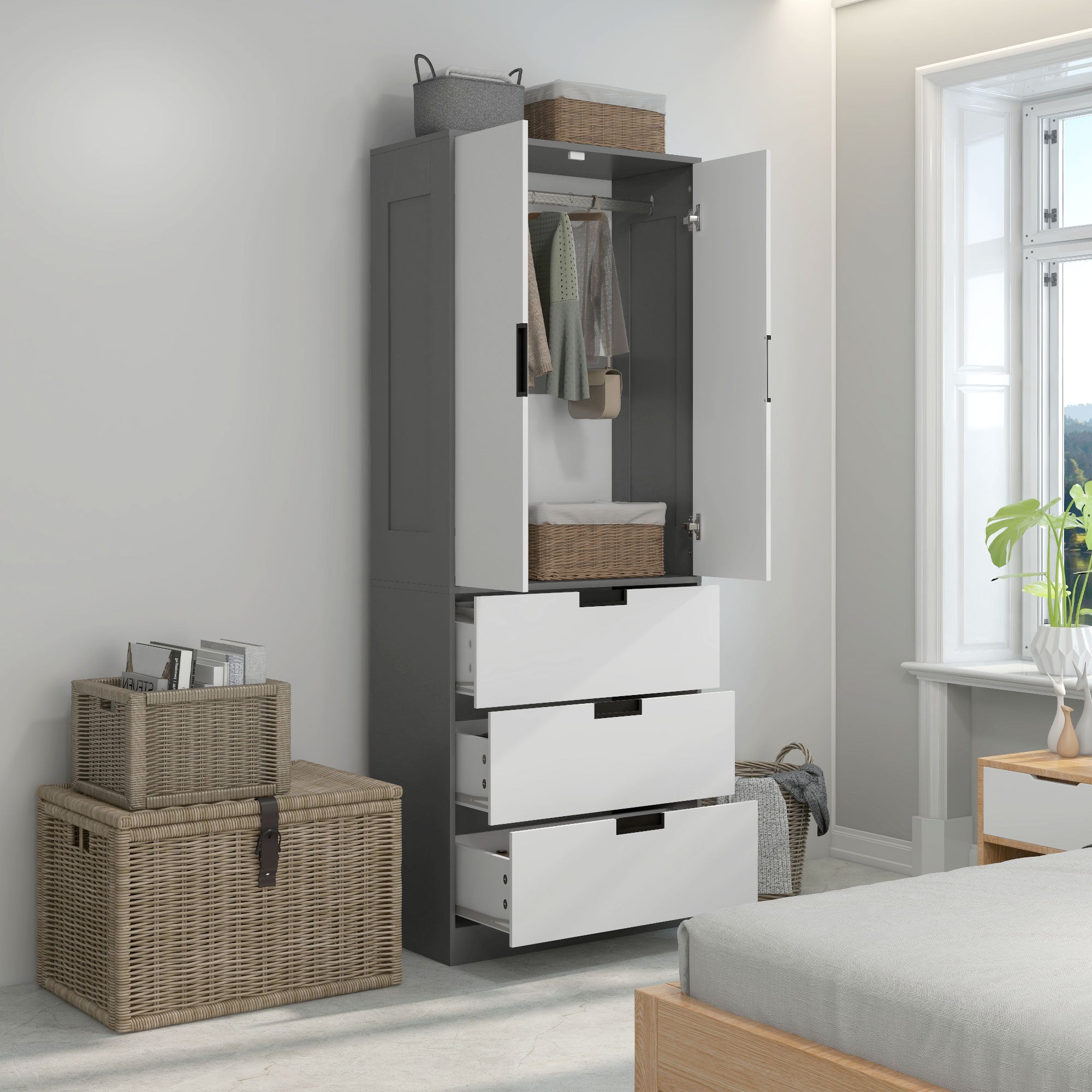 HOMCOM 2 Door Wardrobe, Modern Wardrobe with 3 Drawers and Hanging Rod for Bedroom, Grey - North Peak Garden Furniture