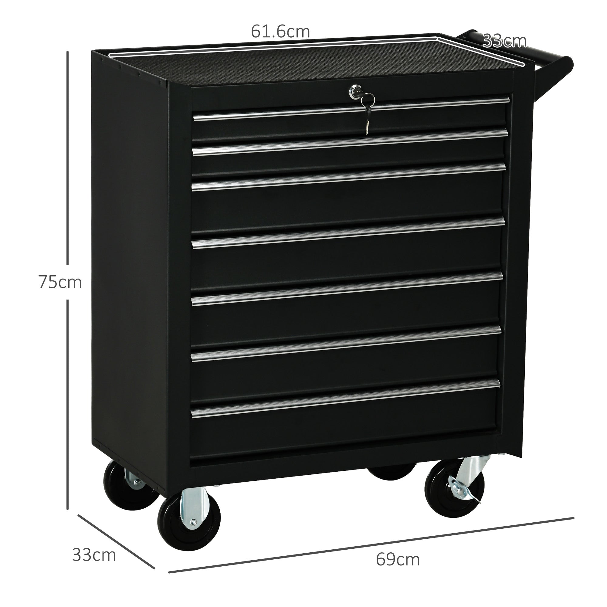 DURHAND 7-Drawer Rolling Tool Chest on Wheels, Lockable Tool Cabinet with Side Handle, Metal Tool Box Trolley for Garage, Workshop, Matte Black - North Peak Garden Furniture
