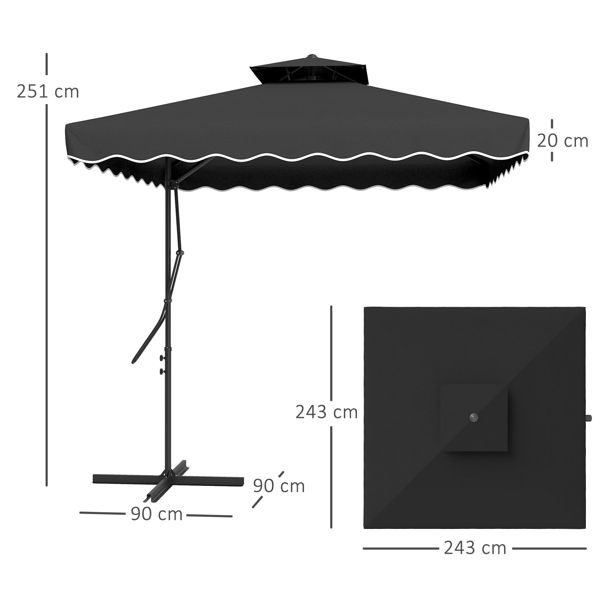 Outsunny 2.5m Cantilever Parasol with Easy Lever, Square Double Top Garden Parasol Umbrella with Ruffles and Cross Base, Overhanging Outdoor Sun Shades, Black - North Peak Garden Furniture