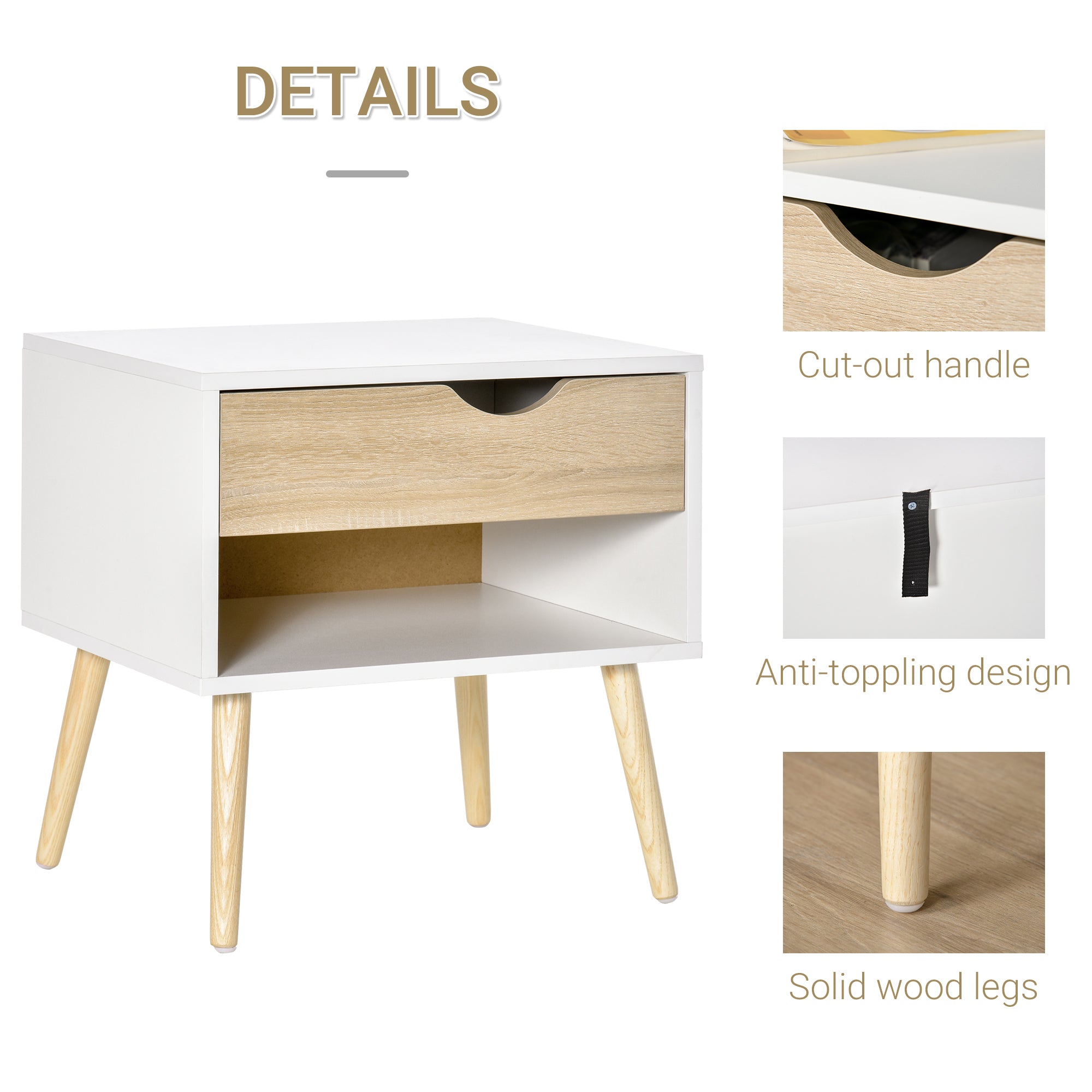 HOMCOM Bedside Table with Drawer and Shelf, Modern Nightstand, End Table for Bedroom, Living Room, White - North Peak Garden Furniture
