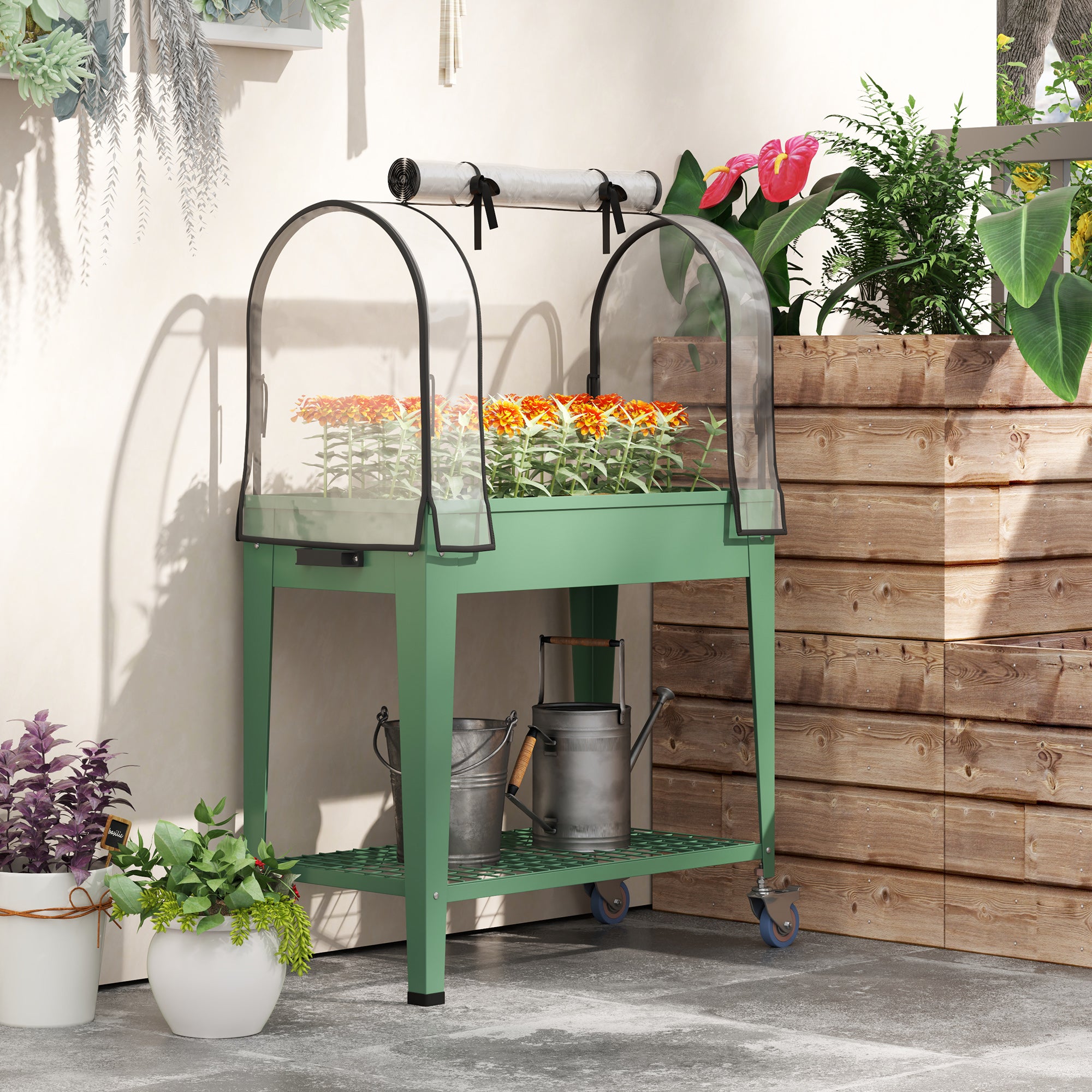 Outsunny Raised Planter with Greenhouse Cover, Mobile Elevated Garden Bed with Wheels and Bottom Shelf for Vegetables, Green - North Peak Garden Furniture