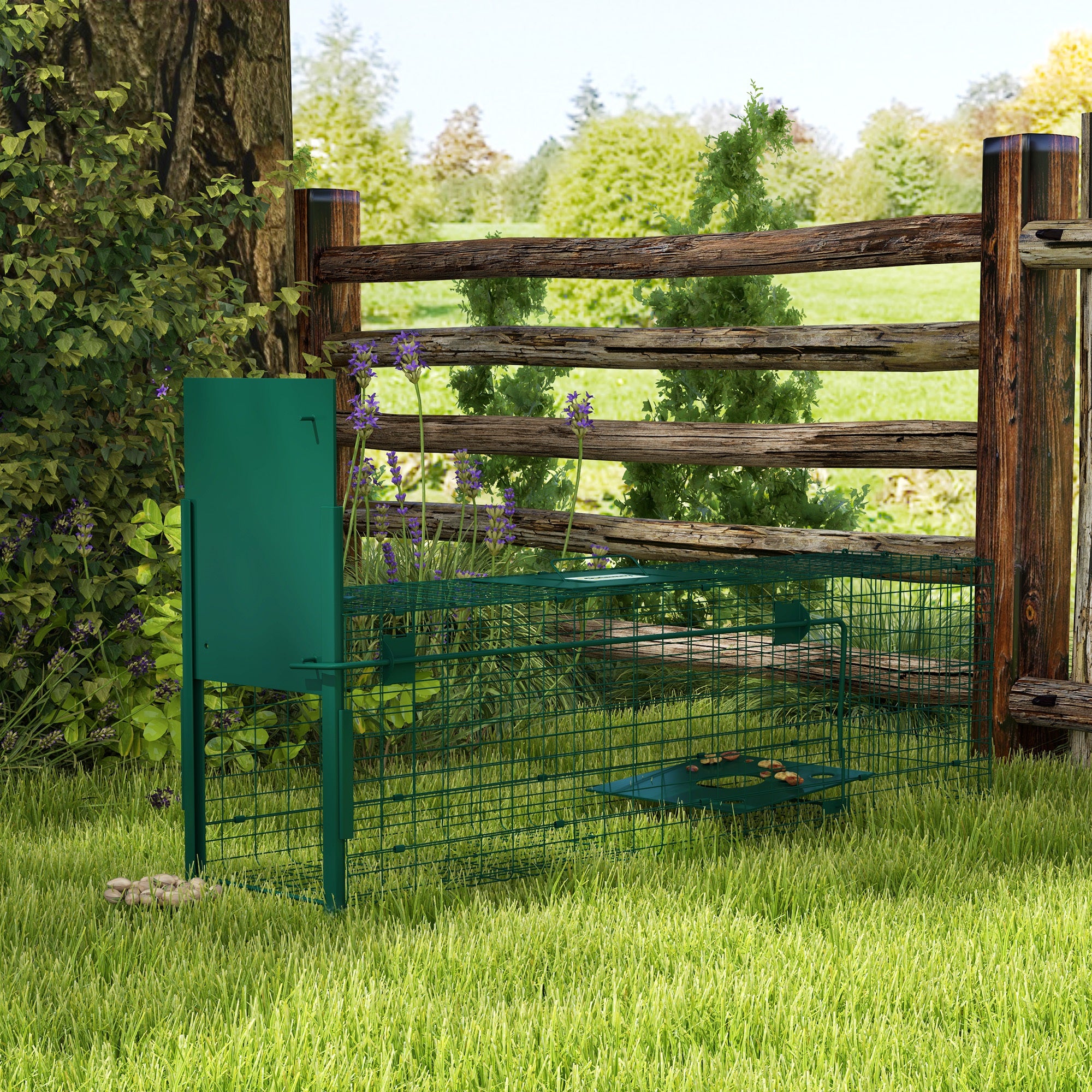 Outsunny Single Door Humane Rat Trap for Small Animals, Metal Outdoor and Indoor Squirrel Trap for Mice, Cats, Rabbits, 100 X 25 X 28cm, Dark Green - North Peak Garden Furniture
