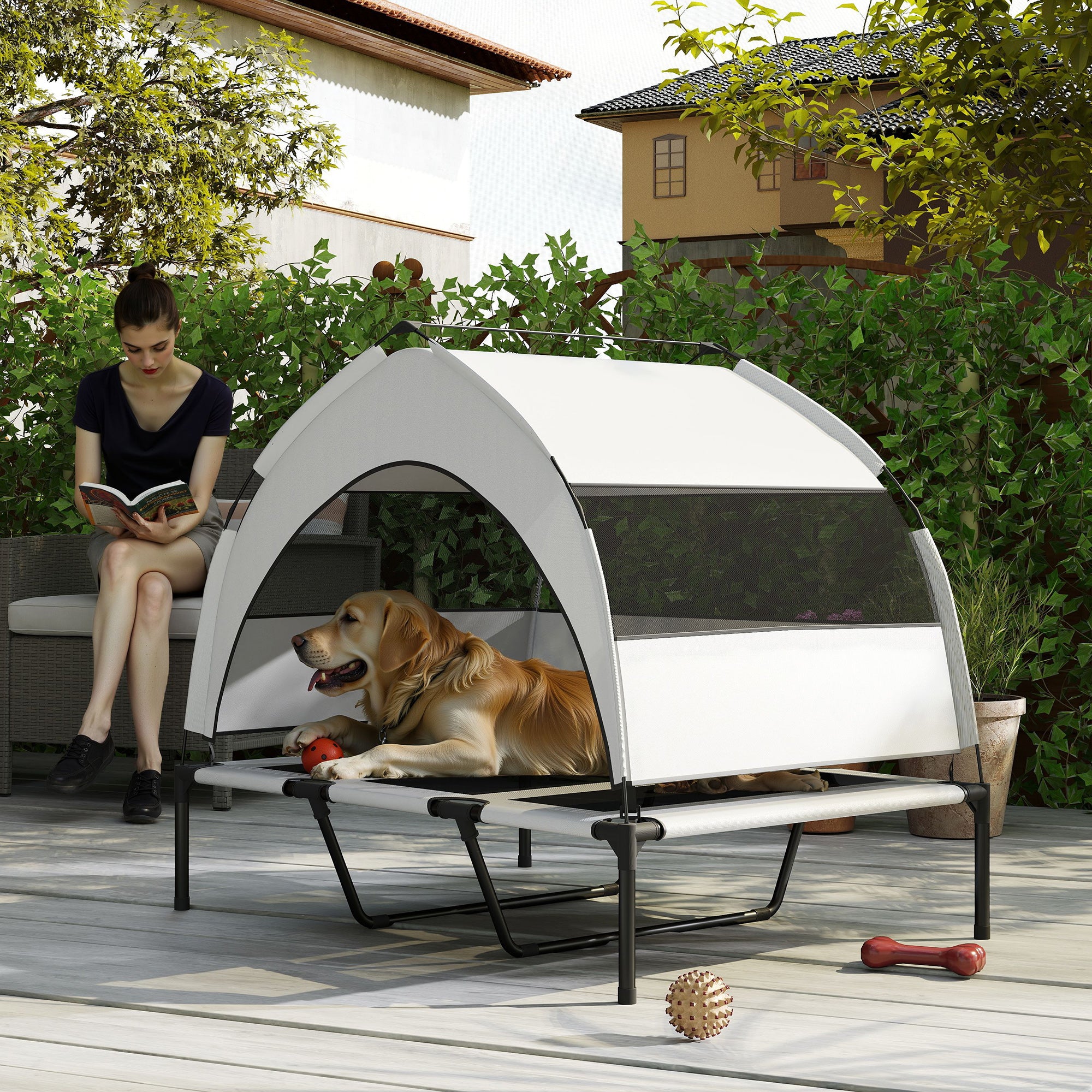 PawHut Portable Elevated Dog Bed with Removable Canopy, Cooling Raised Pet Cot for Large Dogs, 106 x 76 x 94 cm - North Peak Garden Furniture