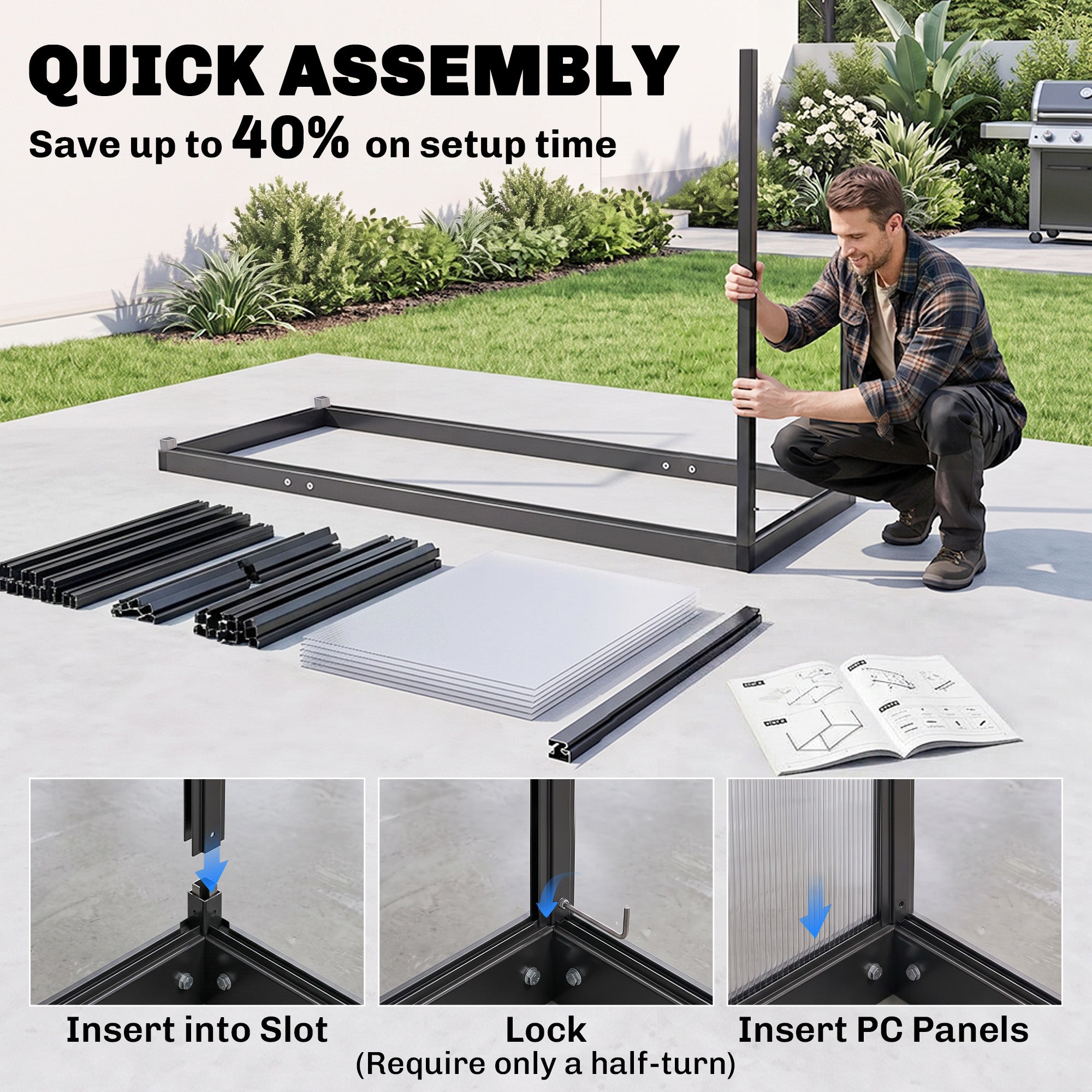 Outsunny 5.5 x 2ft Polycarbonate Greenhouse, Quick Setup Walk in Green House, Push Door, Adjustable Roof Vent, Rain Gutter, Black