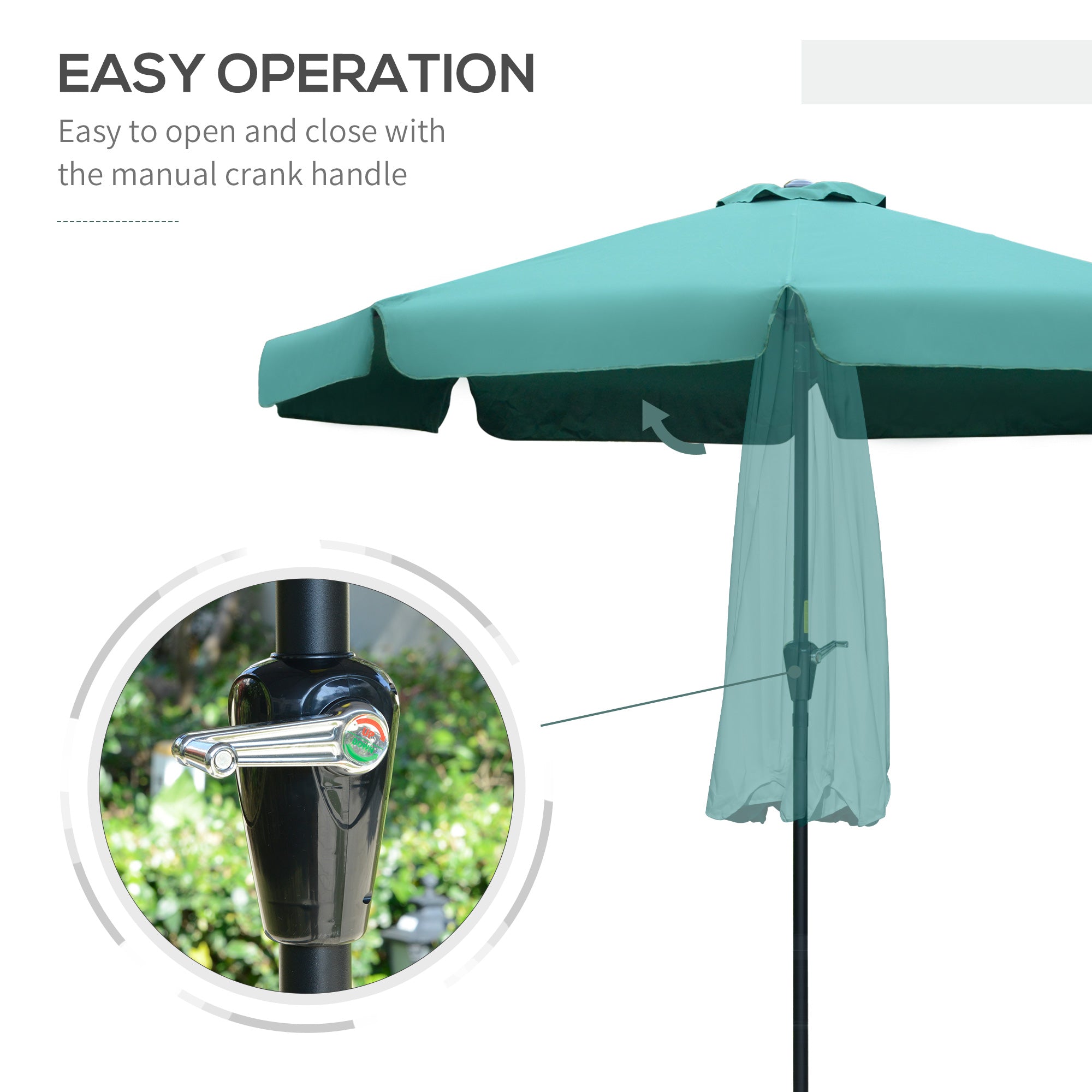 Outsunny 2.7m Patio Parasol Garden Umbrellas Outdoor Sun Shade Table Umbrella with Tilt, Crank, 8 Ribs, Ruffles, Green - North Peak Garden Furniture