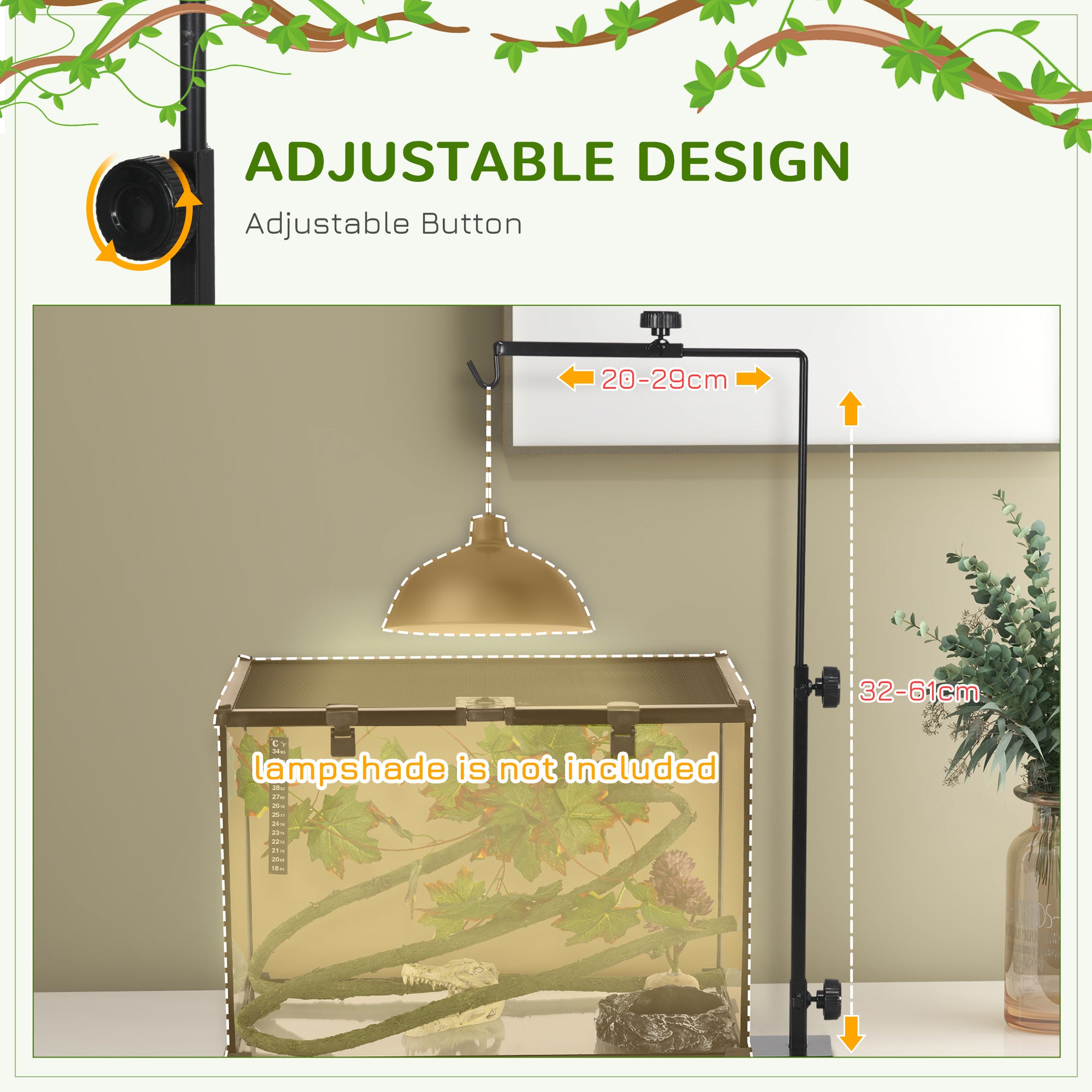 PawHut Adjustable Height and Length Reptile Lamp Stand Holder with Hook Hanging, Base - Black - North Peak Garden Furniture