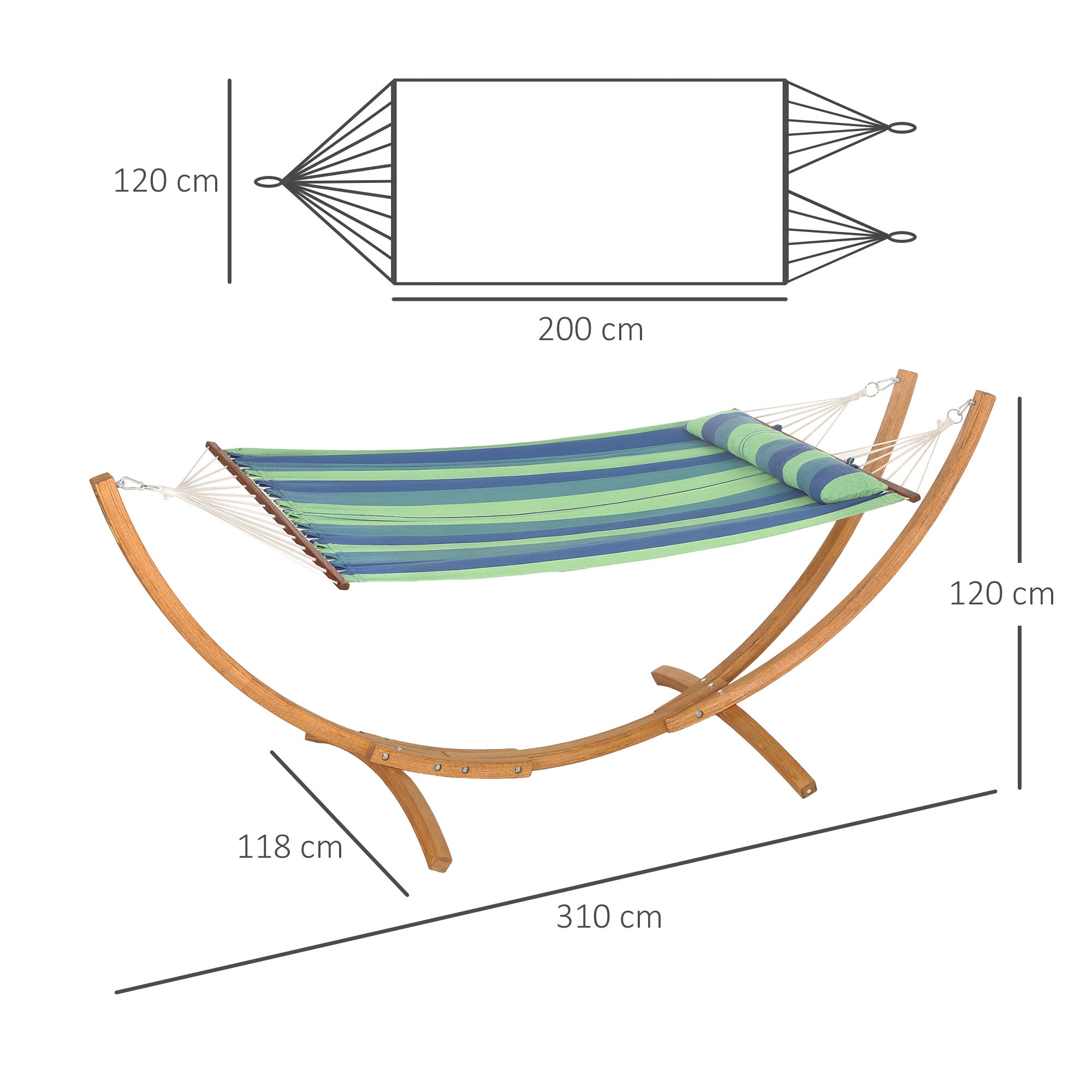 Outsunny Outdoor Hammock with Stand, Garden Hammock with Triple-Head Eucalyptus Wood Arc Frame, 1 Person Cotton Bed and Head Pillow, Freestanding Garden Swing Bed for Patio, Blue Stripe - North Peak Garden Furniture