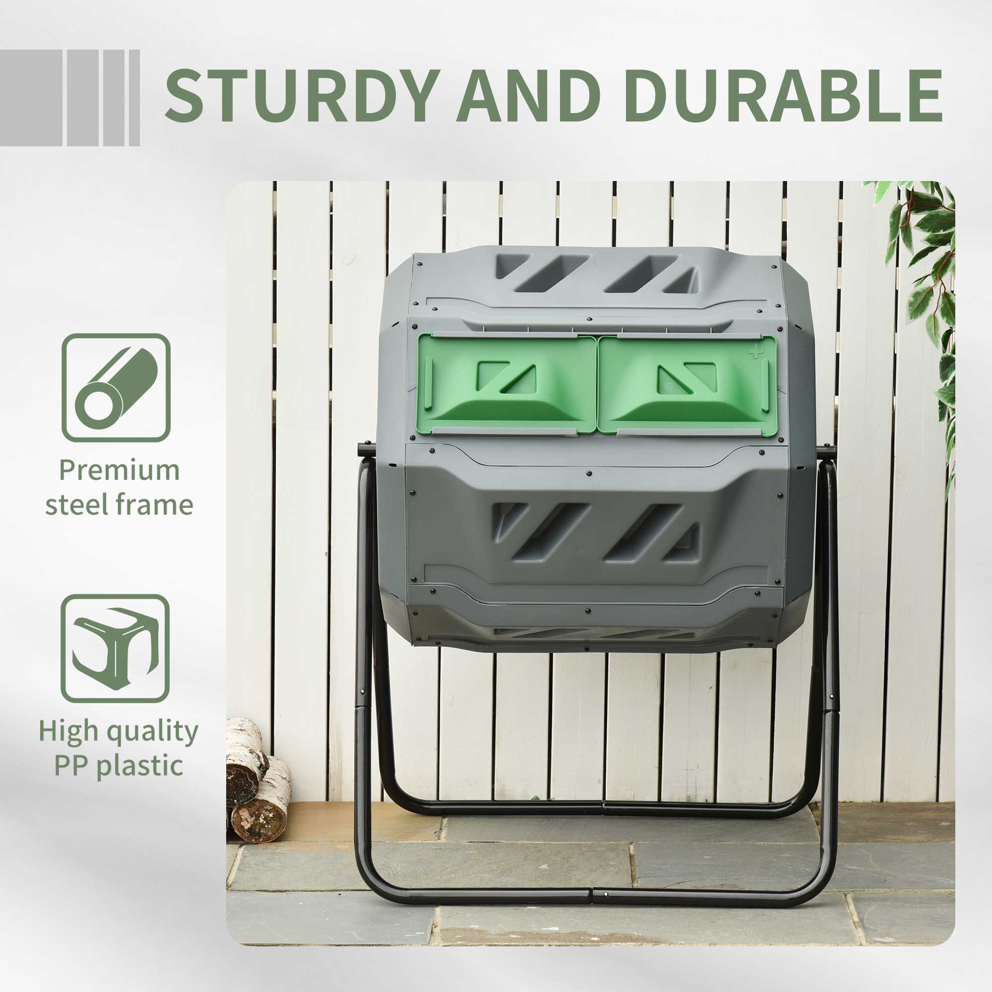 Outsunny 160L Tumbling Compost Bin Outdoor Dual Chamber 360° Rotating Composter, Garden Compost Bin w/ Sliding Doors & Solid Steel Frame, Grey - North Peak Garden Furniture