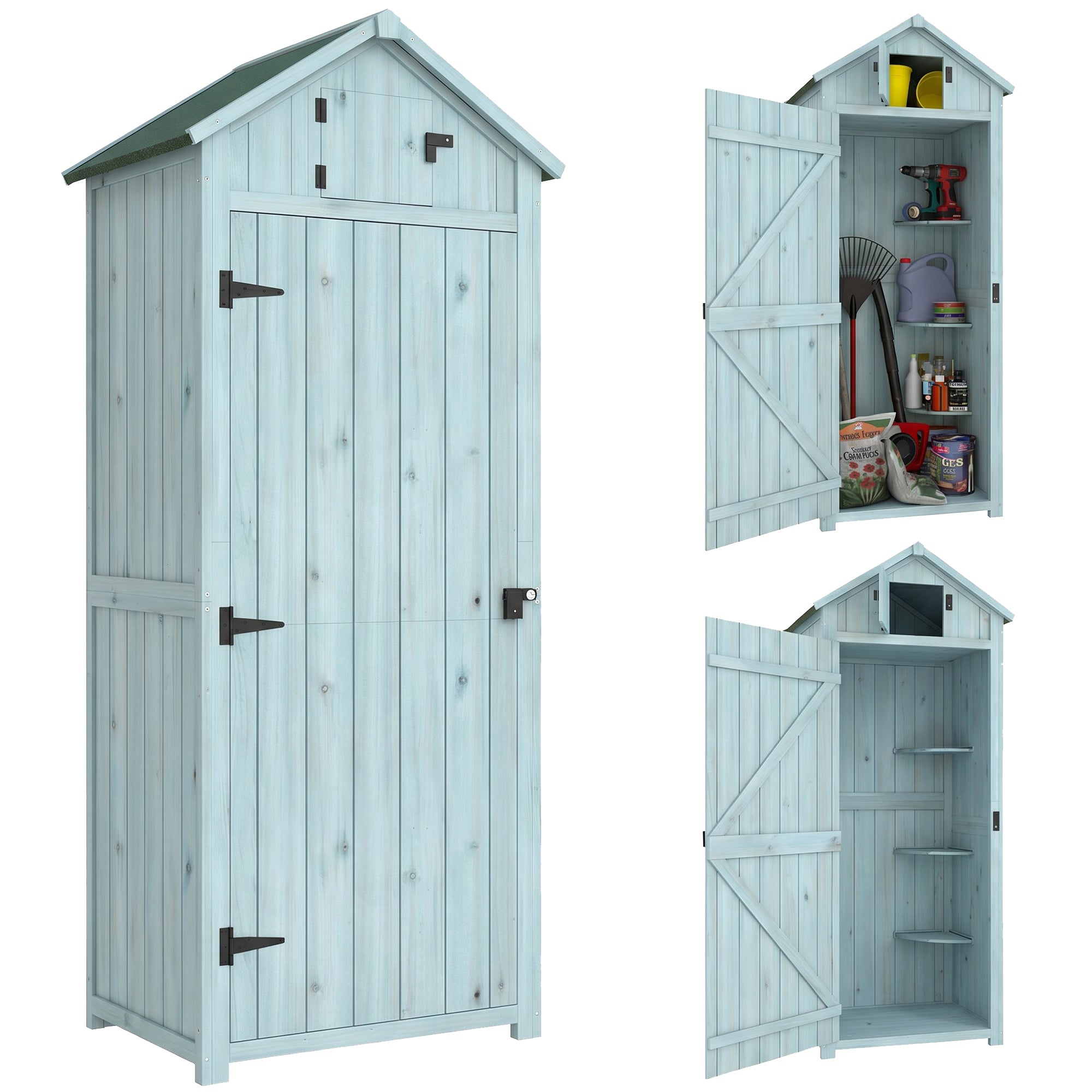 Outsunny Garden Shed Vertical Utility 3 Shelves Shed Wood Outdoor Garden Tool Storage Unit Storage Cabinet, 77 x 54.2 x 179cm - Blue