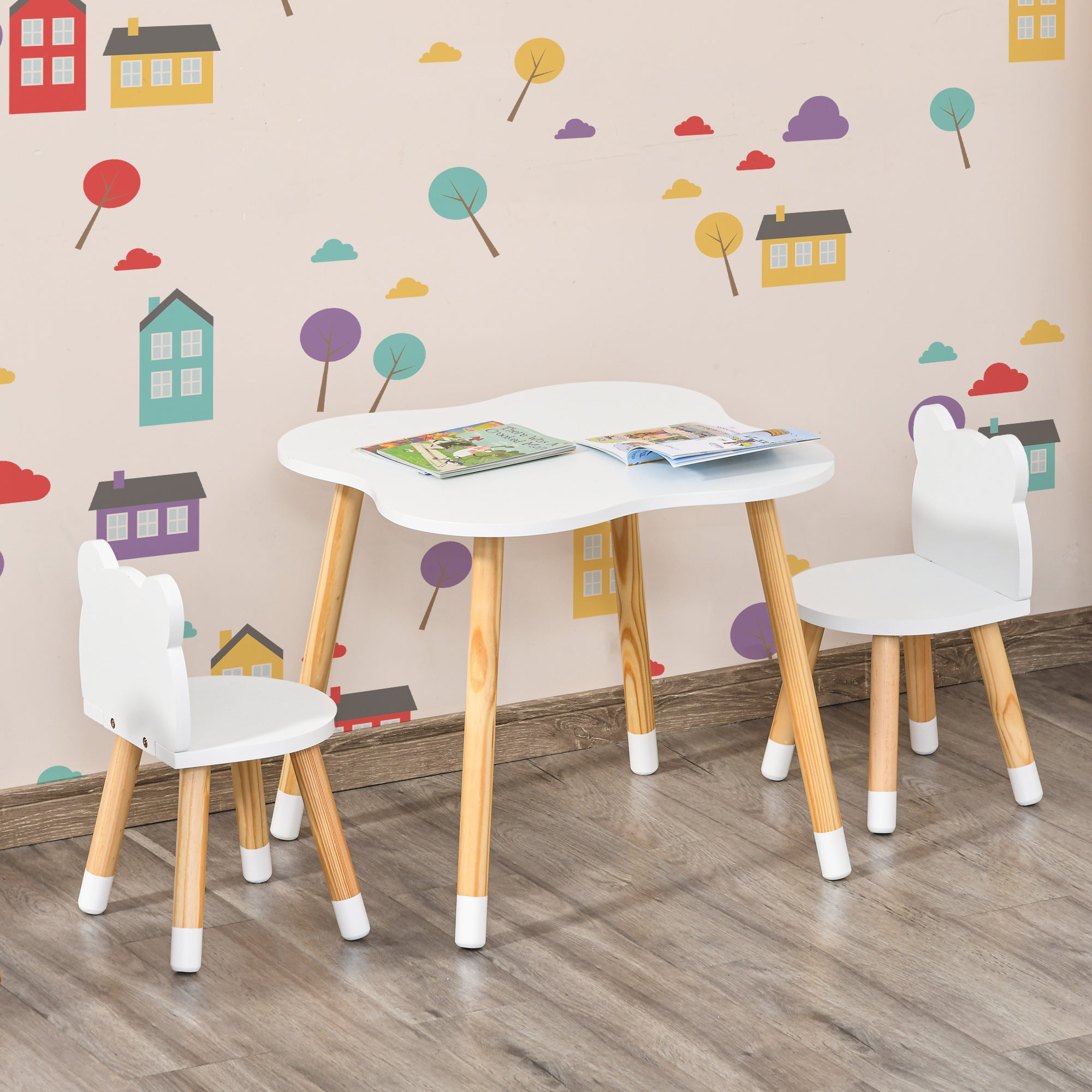 HOMCOM 3-Piece Kids Table and Chair Set with 2 Bear-Shaped Chairs, for Ages 1-4 Years, White - North Peak Garden Furniture