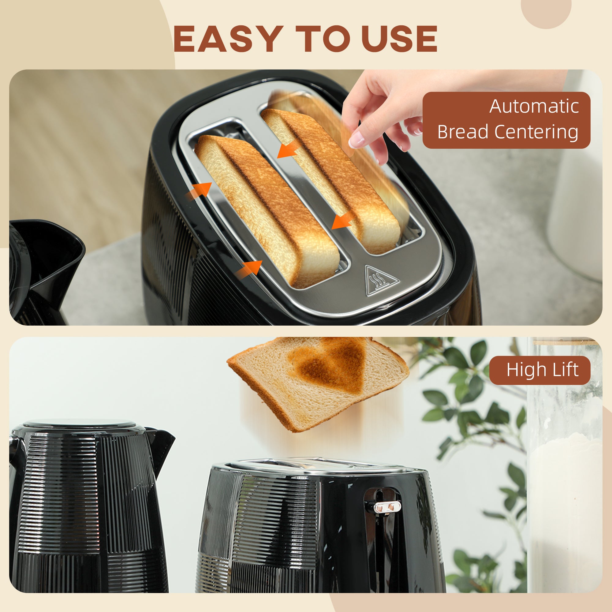 HOMCOM Kettle and Toaster Set, 1.7L 3000W Fast Boil Kettle & 2 Slice Toaster Kitchen Set with 7 Level Browning Controls, Defrost, Reheat, Boil-dry Protection, Black - North Peak Garden Furniture