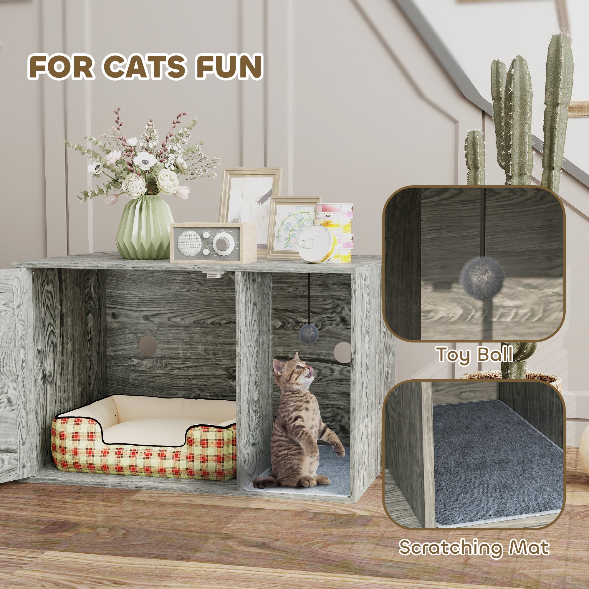 PawHut Boho Style Cat Litter Box Enclosure with Rattan Door, Scratching Mat, Toy Ball, Non-slip Foot Pads, 80 x 50 x 50cm, Grey - North Peak Garden Furniture