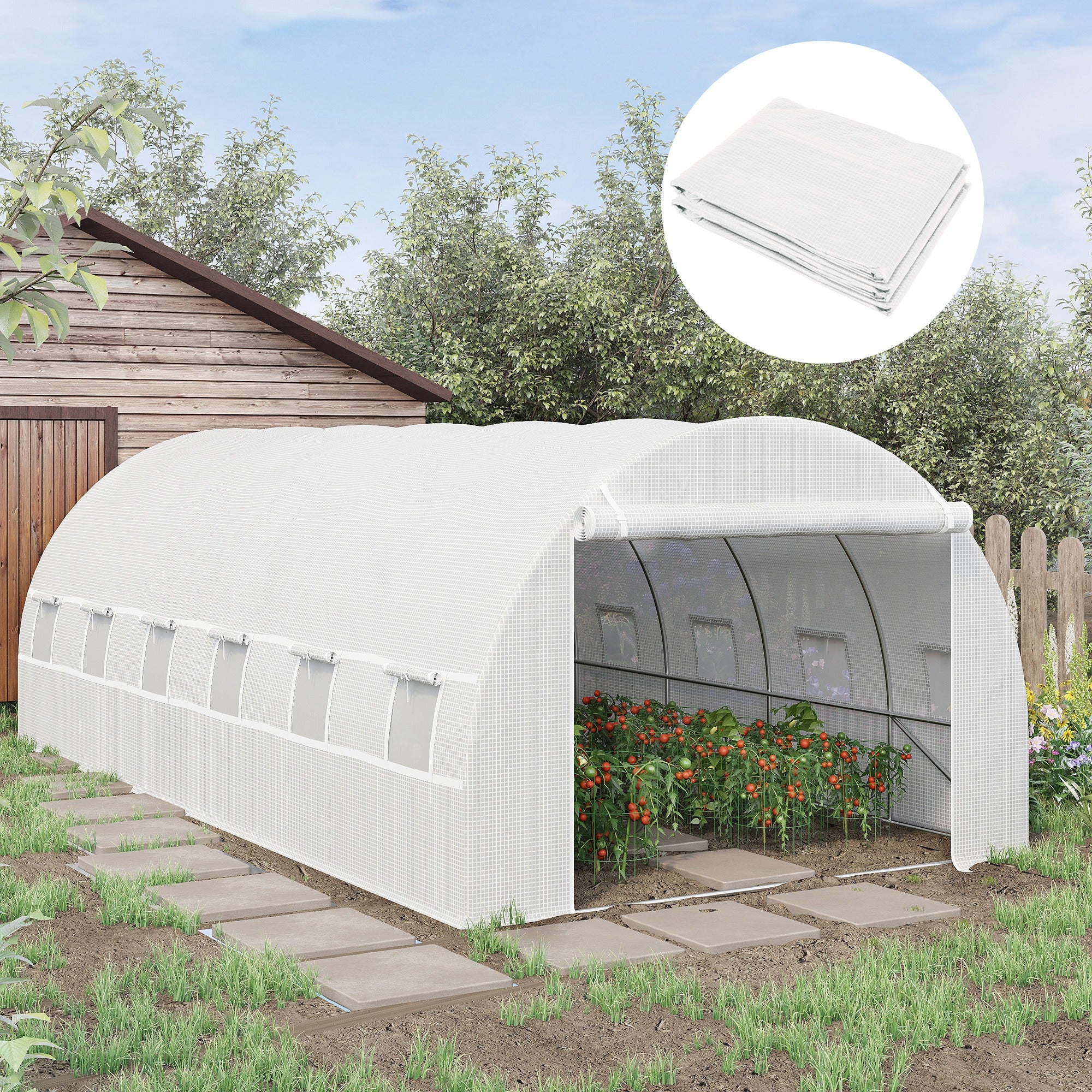 Outsunny Greenhouse Replacement Cover ONLY Winter Garden Plant PE Cover with Roll-up Windows Door, 6 x 3 x 2m White - North Peak Garden Furniture