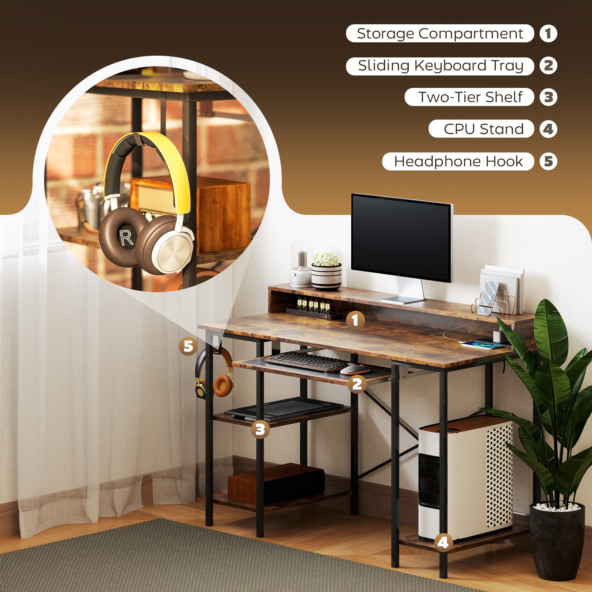 HOMCOM Reversible Computer Desk with LED Lights and Power Outlets, 120 x 55 cm Gaming Desk with Monitor Stand, Sliding Keyboard Tray and Storage Shelves, Industrial Home Office Desk, Rustic Brown - North Peak Garden Furniture