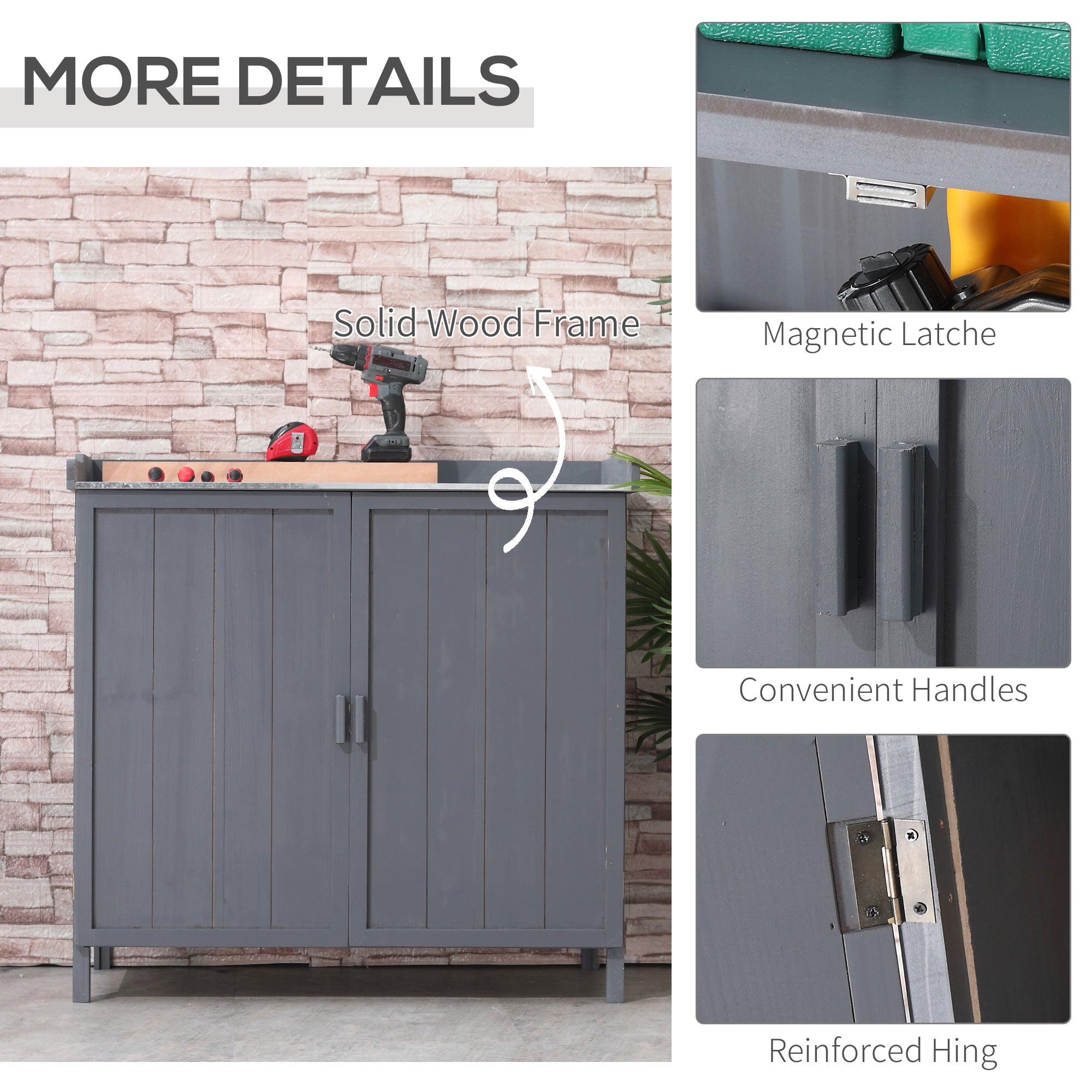 Outsunny Garden Storage Cabinet, Outdoor Tool Shed, Potting Bench Table with Galvanized Top and Two Shelves for Yard Tools or Pool Accessories, Grey - North Peak Garden Furniture