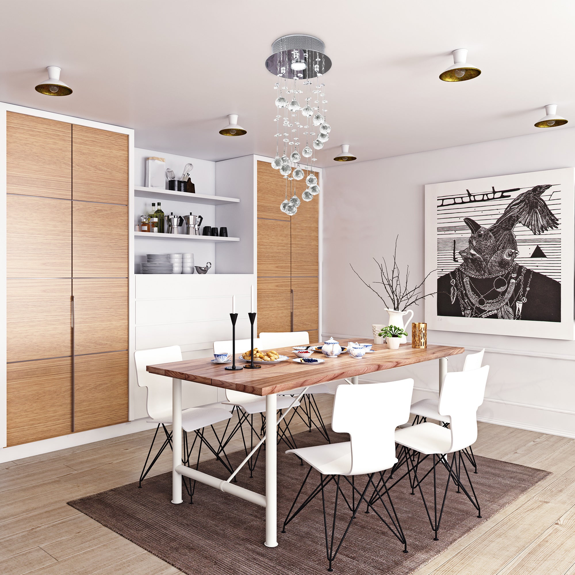 HOMCOM Metal Crystal Ceiling Light Chandelier Elegant Pendant Lamp Living Room Stairway Stairway Spiral Rain Drop Pendant Lamp Silver - North Peak Garden Furniture