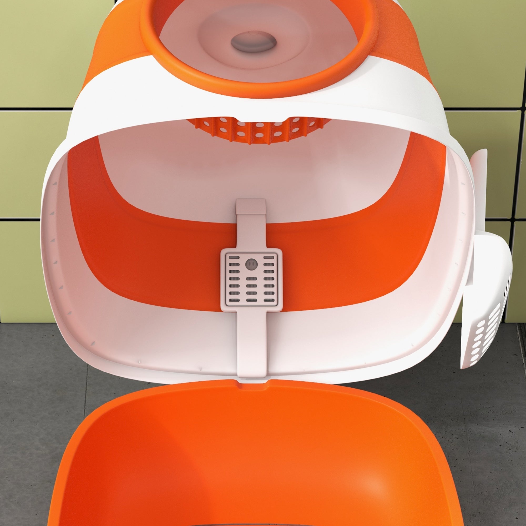 PawHut Foldable Cat Litter Tray with Lid, Deodorant, Scoop, Orange