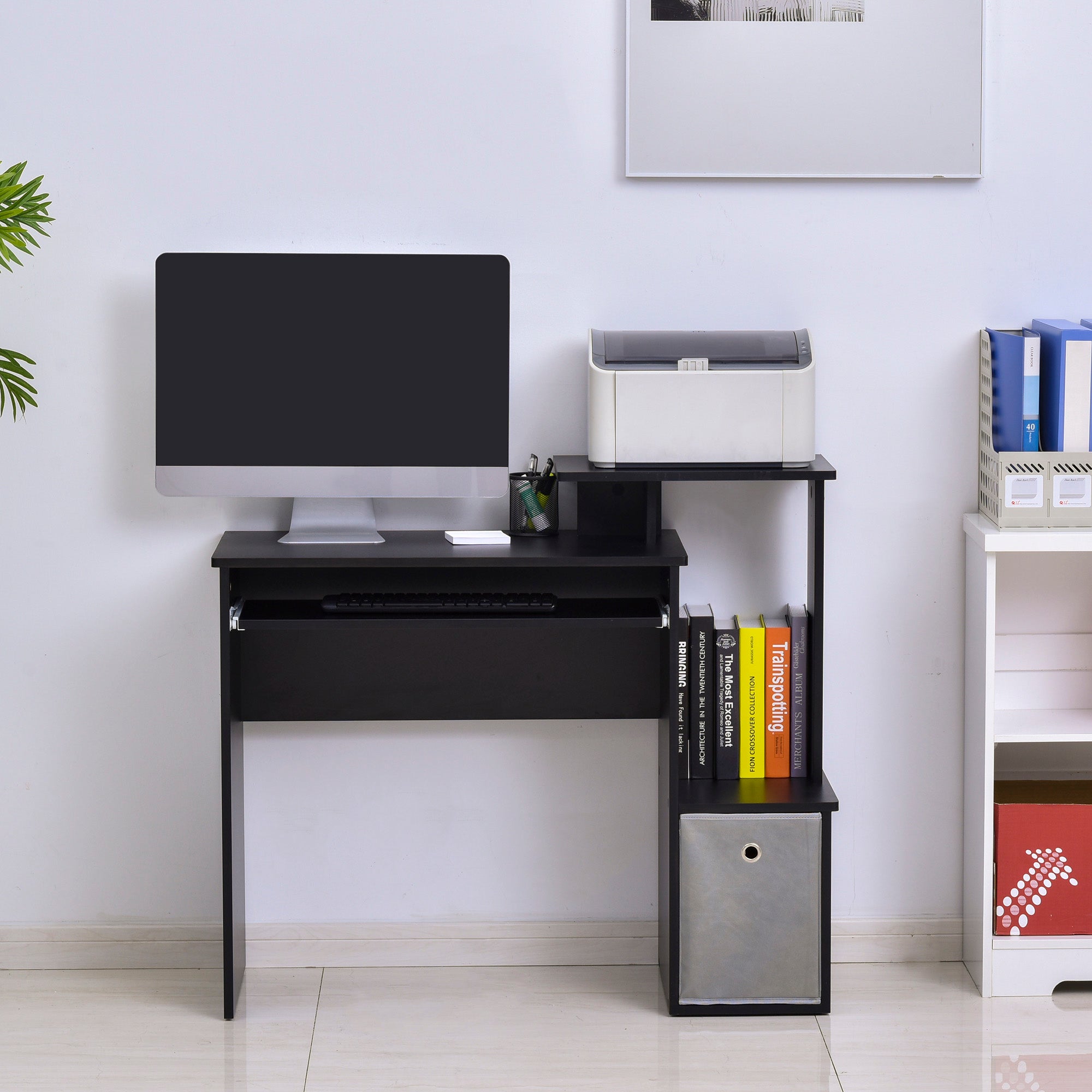 HOMCOM Computer Desk with Sliding Keyboard Tray Storage Drawer Shelf Home Office Workstation Black - North Peak Garden Furniture