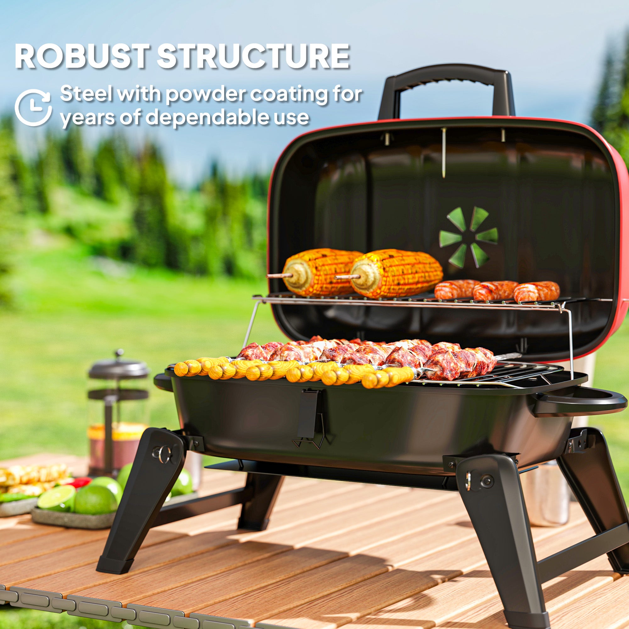 Outsunny Charcoal Barbecue Grill Folding BBQ Grill with 1232 cm² Cooking Area, Adjustable Vent, Thermometer, Handles for Camping Picnic, Red - North Peak Garden Furniture