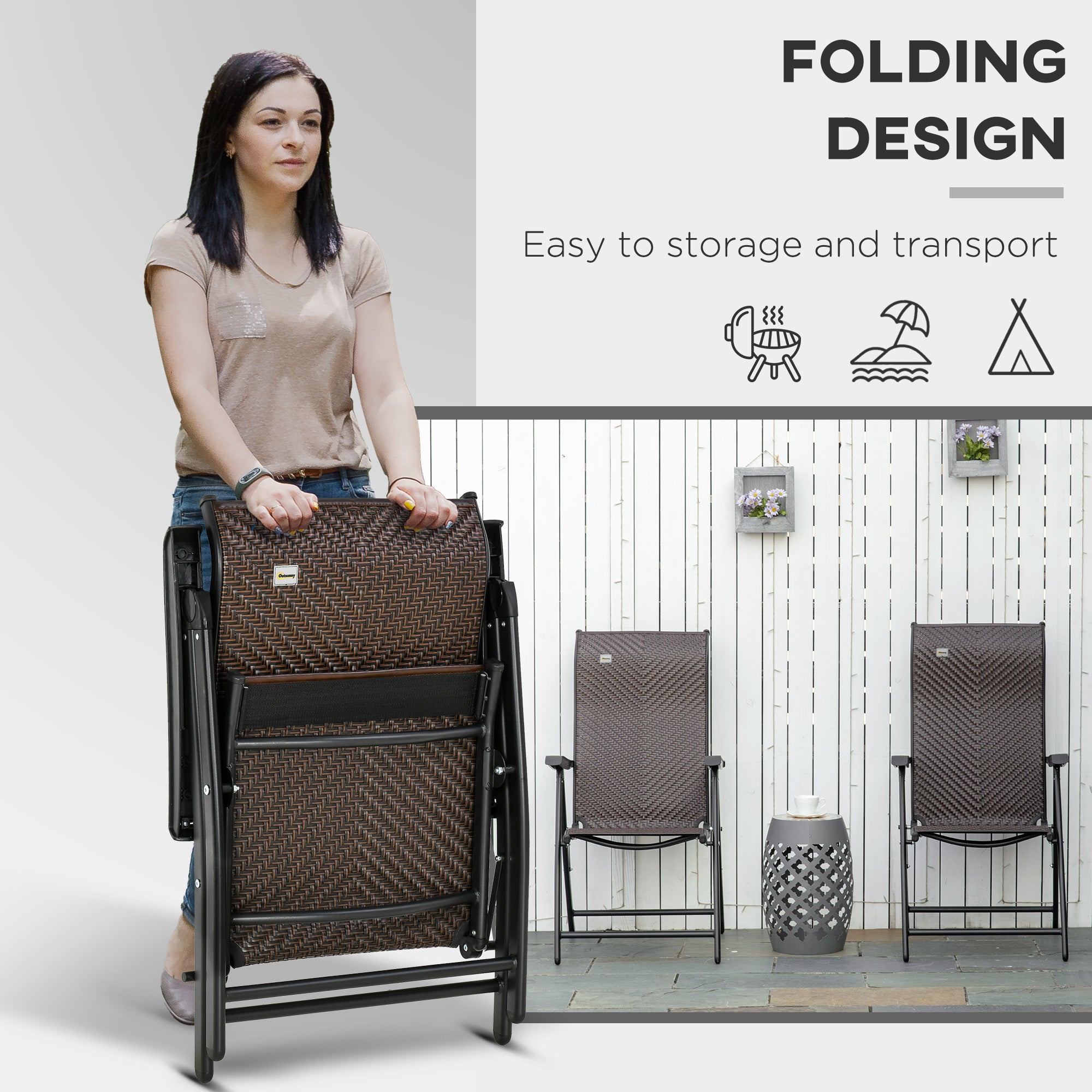 Outsunny Set of Two Folding Garden Chairs, with Seven-Position Adjustable Backs - Brown - North Peak Garden Furniture