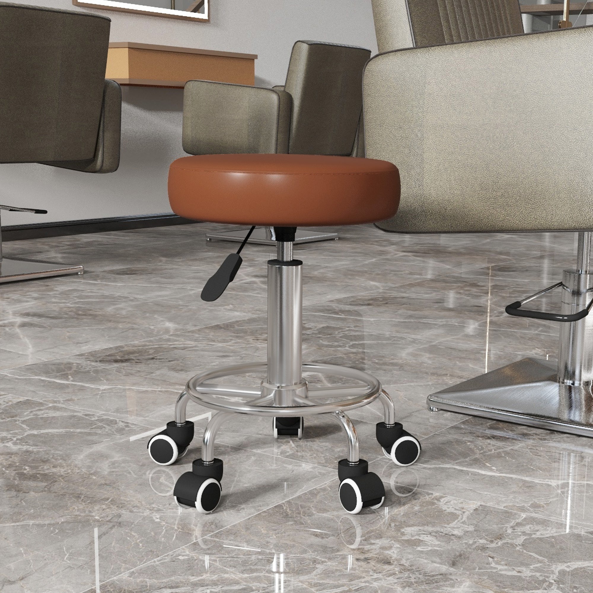 Vinsetto PU Leather Rolling Stool, Height Adjustable Stool Chair with Wheels for Salon, Massage, Spa, Brown - North Peak Garden Furniture