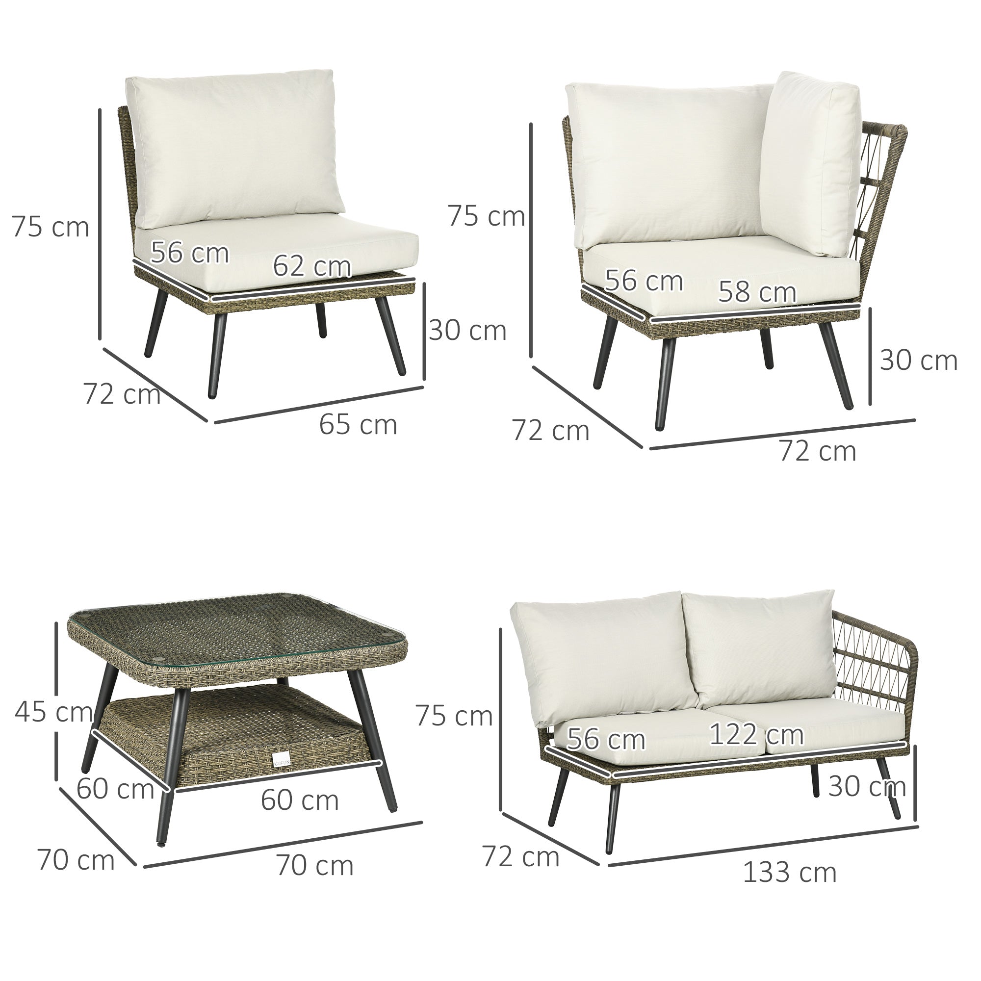 Outsunny 5 Pieces Outdoor Rattan Corner Sofa, Round and Twin Half-round Wicker Woven Rattan Garden Furniture w/ Thick Padded Cushions and Tempered Glass Top Two-tier Table, Grey - North Peak Garden Furniture