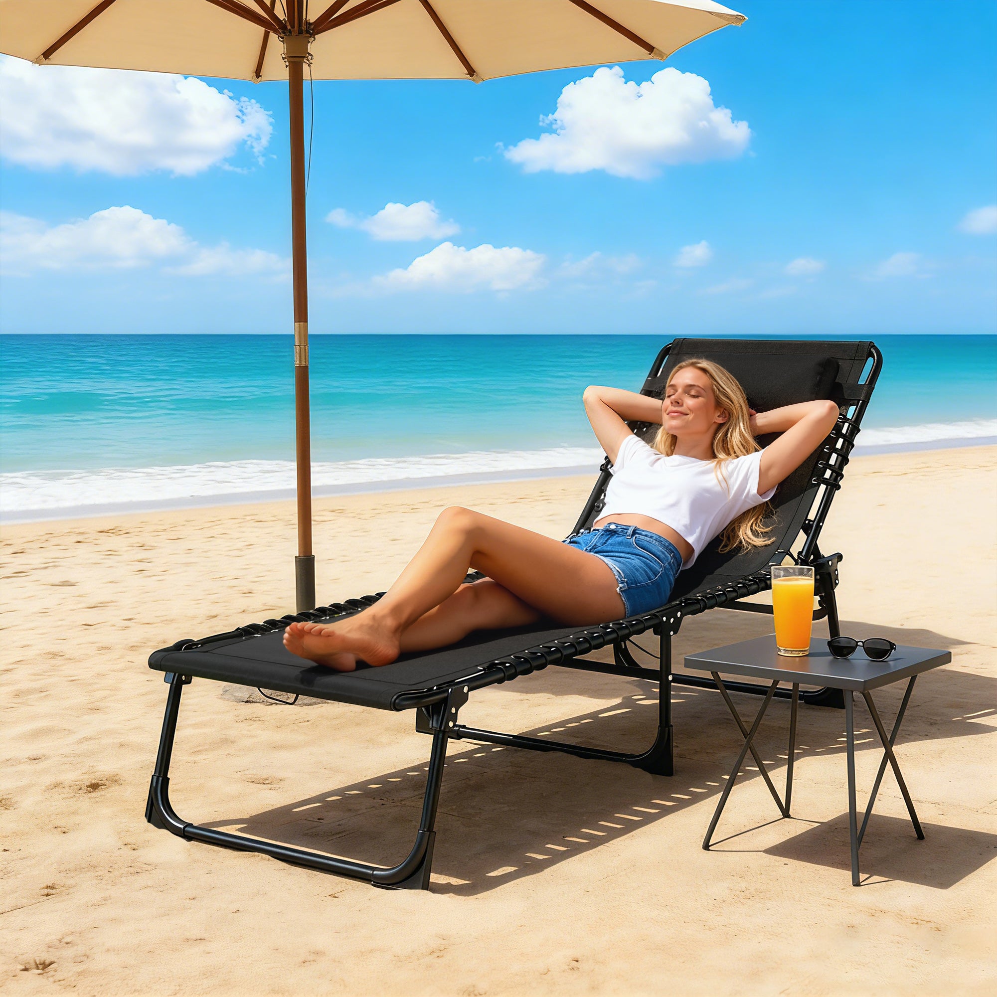 Outsunny Foldable Sun Lounger, Outdoor 4 Level Adjustable Backrest Reclining Chaise Chair, Steel Frame Recliner Chair for Camping, Hiking, Black